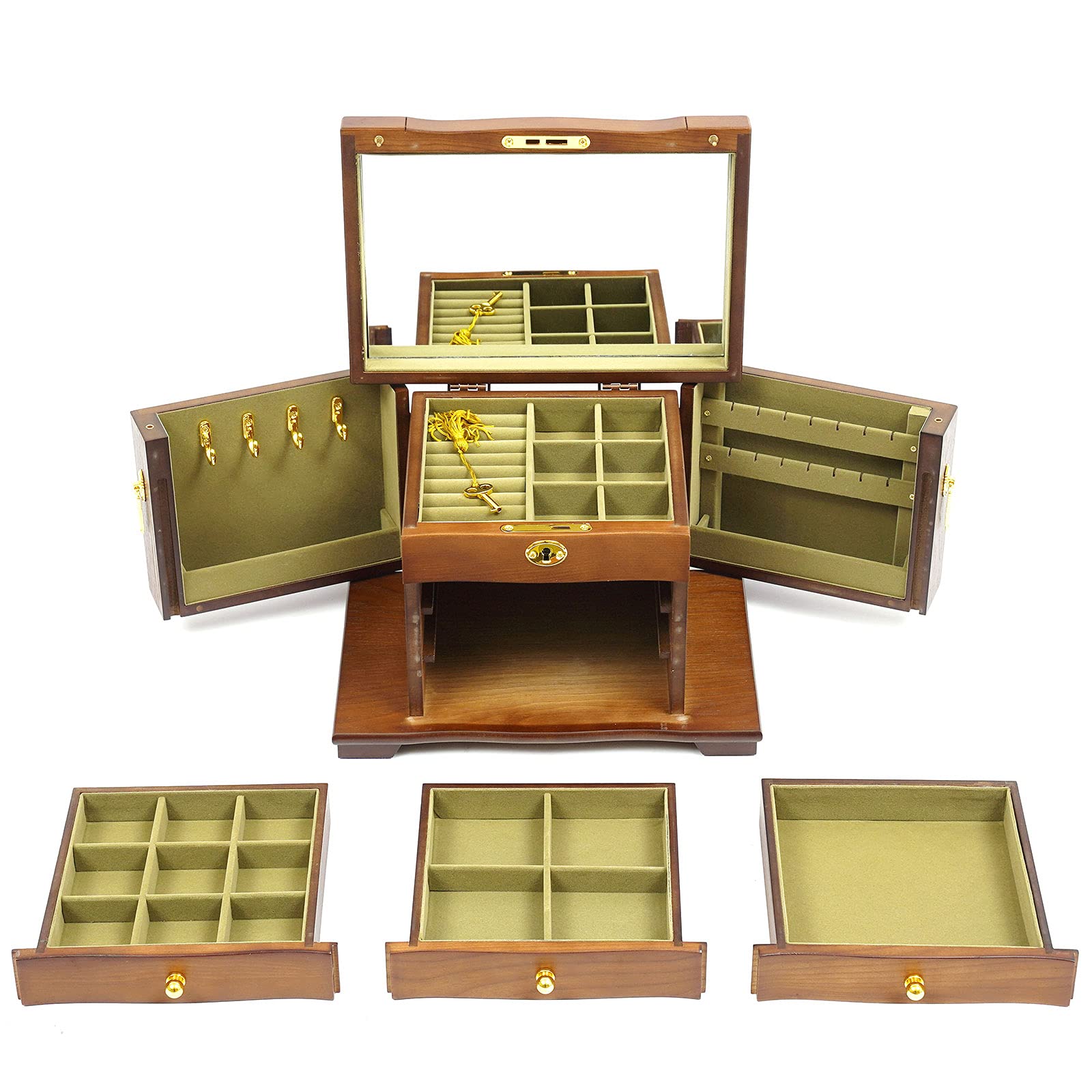 4 Schichten Schmuckschrank Schatulle Aus Holz Große Schmuck KäStchen Kasten AbschließBare Koffer Schaukasten Vitrine Lade Schmuckbox Gift Antike Mit Schloss Spiegel Abschließ Bar Braun