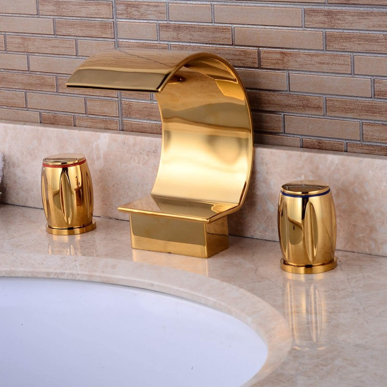 WIQUYBML Faucets Sink Tap,Bath Shower Chrome/Golden/Nickle/Orb Waterfall Faucet 3Pcs Bathroom Taps Dual Handle Basin Rotatable Mixer/Chrome Finished, Golden Finished