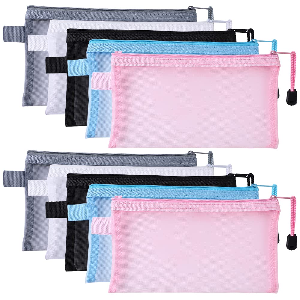 10pcs Multipurpose Nylon Mesh Transparent Cosmetic Bag Makeup Travel Cases Pencil Case Travel Organizers Zipper File Bag for Vacation, Bathroom and Organizing (5 Colors 2pcs/color)