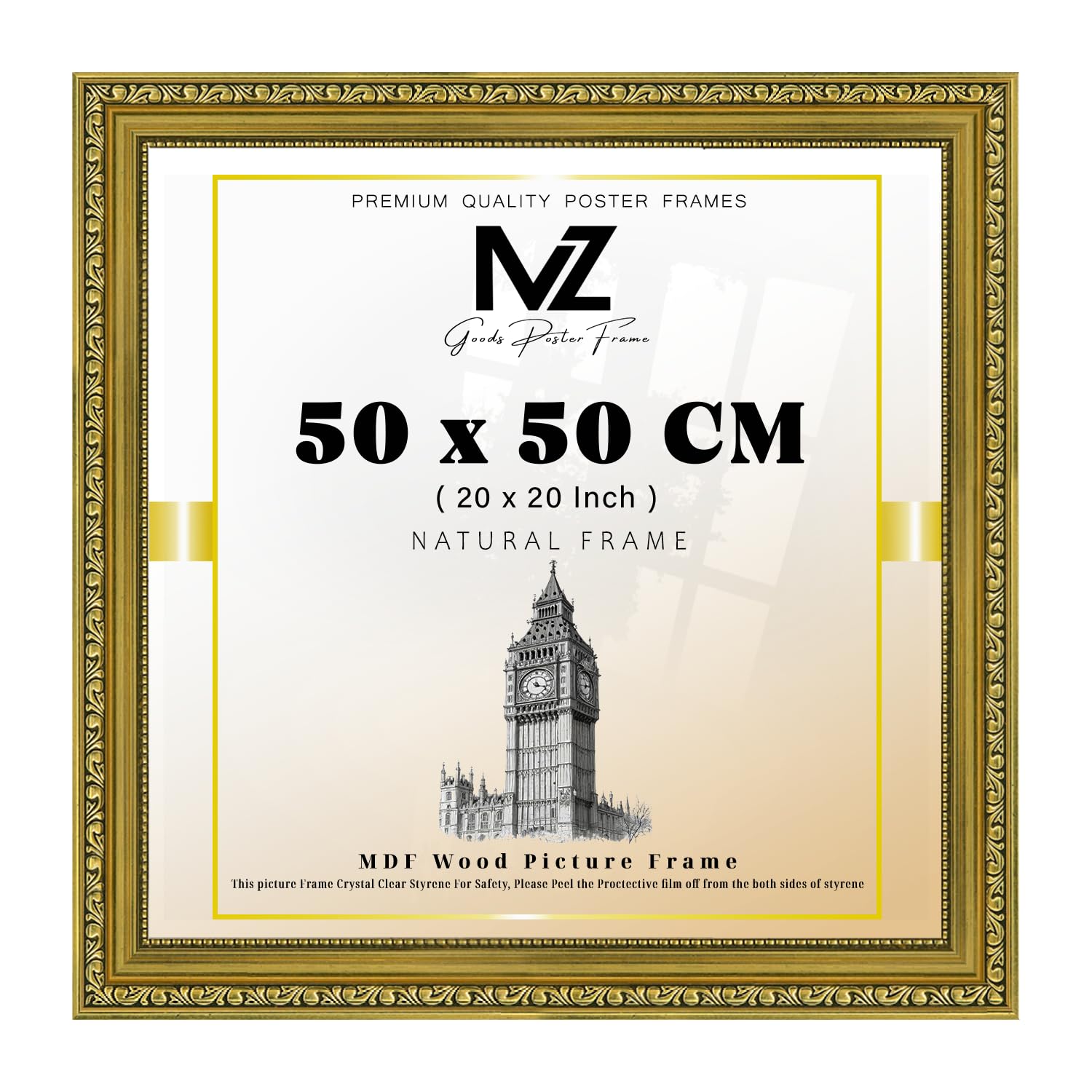 MZ GOODS - Elegant Square Poster/Picture (50 x 50 CM) a Solid Polcore Finish | Hanging Hooks Both Portrait/Landscape Display 20 x 20 Inch [ Gold ]