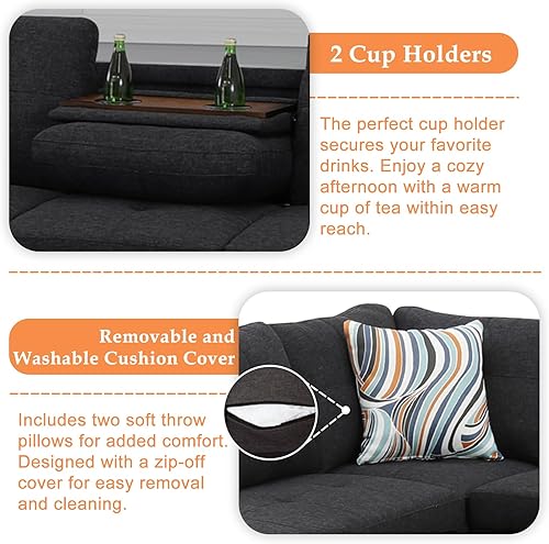 Miniatura 6 de Sofá seccional, moderno juego de muebles de sala de estar de 4 plazas con diván, otomana y 2 almohadas Sofá en forma de L Soporte para tazas Tela