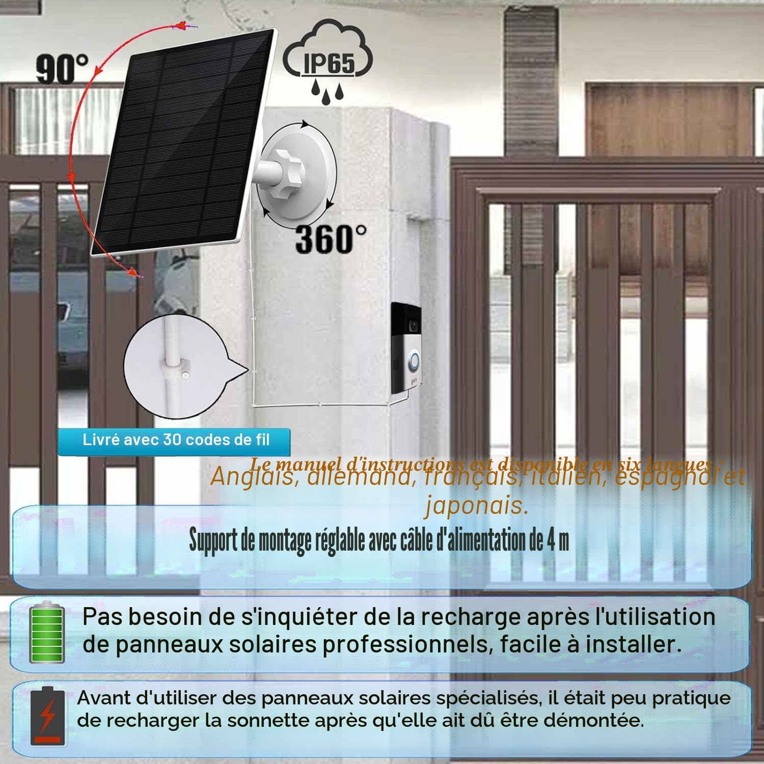 Panneau solaire de 3 W avec batterie intégrée de 4000 mAh, IP65, câble de charge de 4,02 m, uniquement compatible avec la sonnette vidéo Ring Video Doorbell 3/4/3 Plus, caméra Ring Battery Doorbell