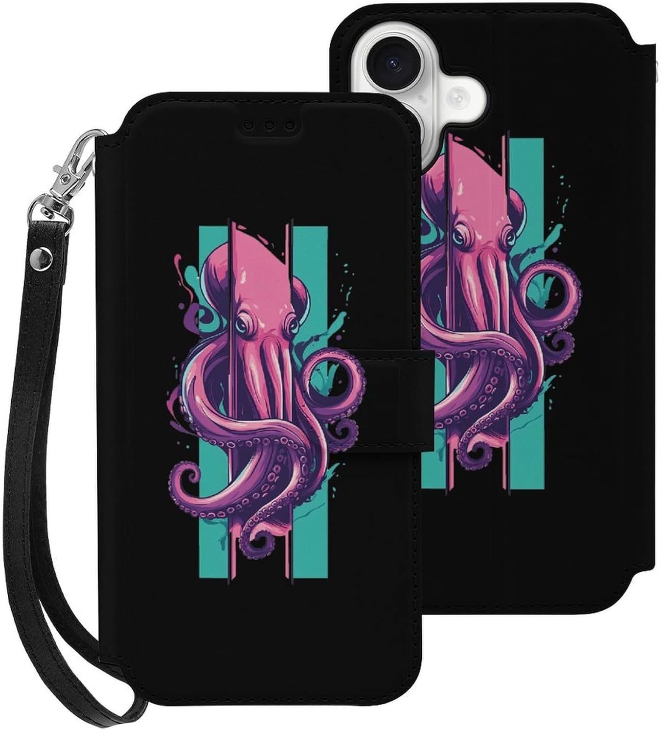 Octopuss Tentacles Monster Wrap Compatible with iPhone 16/16 Plus/16 Pro/16 Pro Max/16 E Case Phone Wallet Card Holder Flip Cover with Wrist Strap