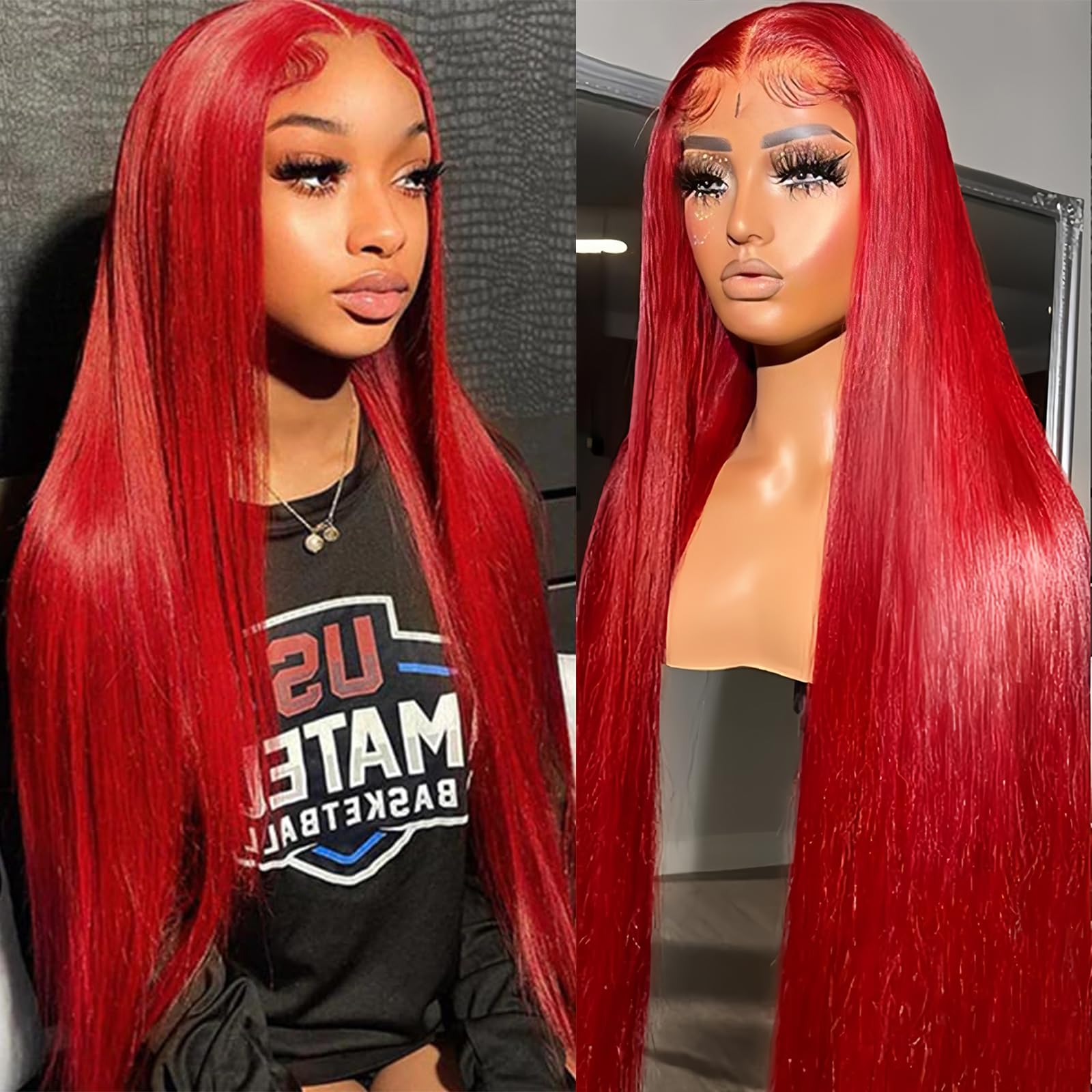 32 Inch Red Lace Front Wig Human Hair 180% Density 13x4 Hd Straight Lace Front Wigs Human Hair Pre Plucked Burgundy Red Colored Frontal Wigs Human