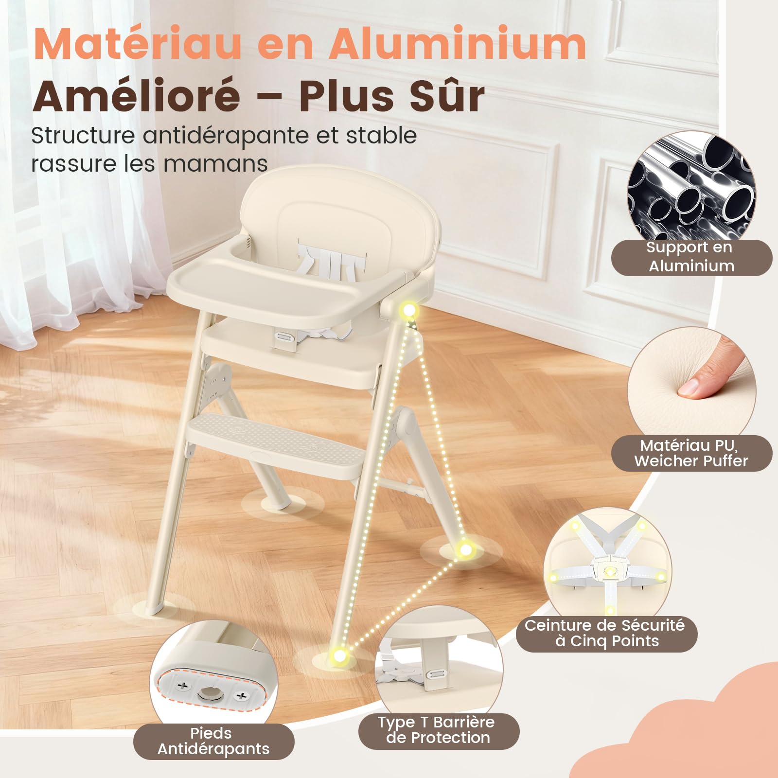 Chaise Haute Bébé Évolutive - de 6 Mois Jusqu'à 90 kg -Chaises Hautes Pliée avec Assise/Repose Pieds Réglables, Amovible Plateau et Coussin/Harnais 5 Points-Conforme à L'ergonomie (Beige)