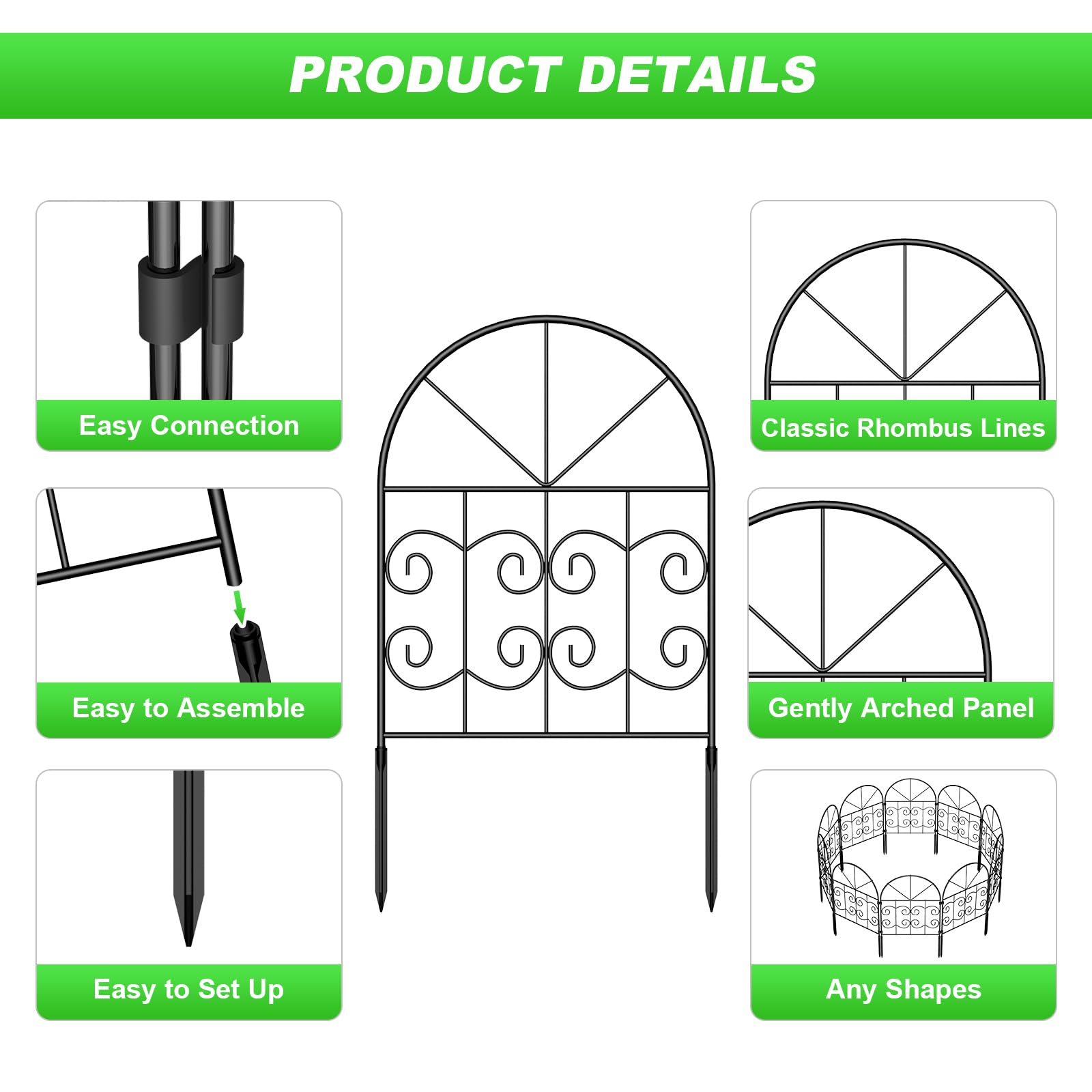 Skcoipsra Gartenzaun-Set, 10 Teile – Je 95,2 Cm Hoch, Gesamt 3,3 M Lang, Gewölbte Metallpaneele, Rostfrei, Für Tiere & Beete