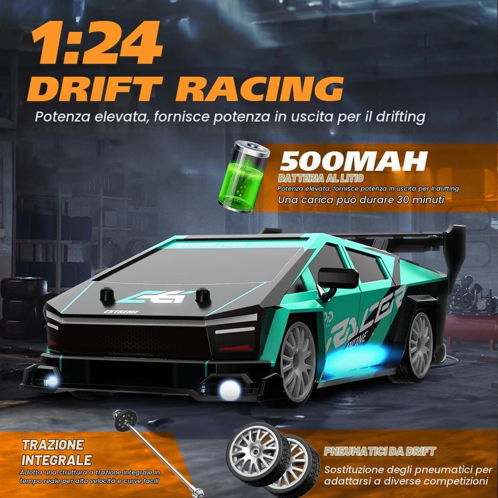 1:24 Auto Telecomandata, 2,4 GHz RC Drift Car 30KM/H Alta Velocità, Trazione 4WD Con Design Multi-Luce, Adatto a Tutti i Terreni
