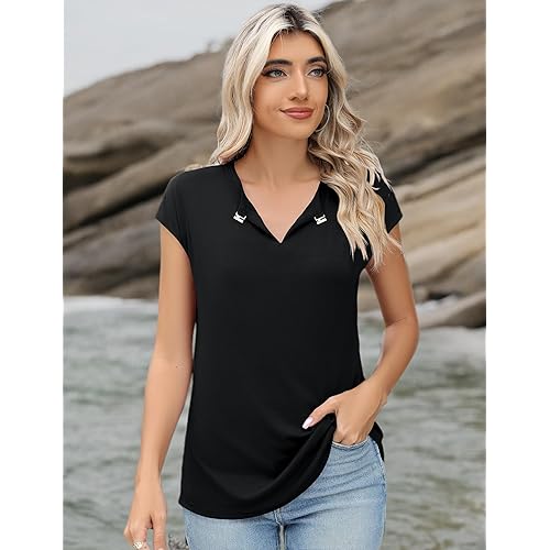 Women's Summer Casual V Neck Tank Tops Cap Sleeve Loose Fit Blouses Tunic Shirts