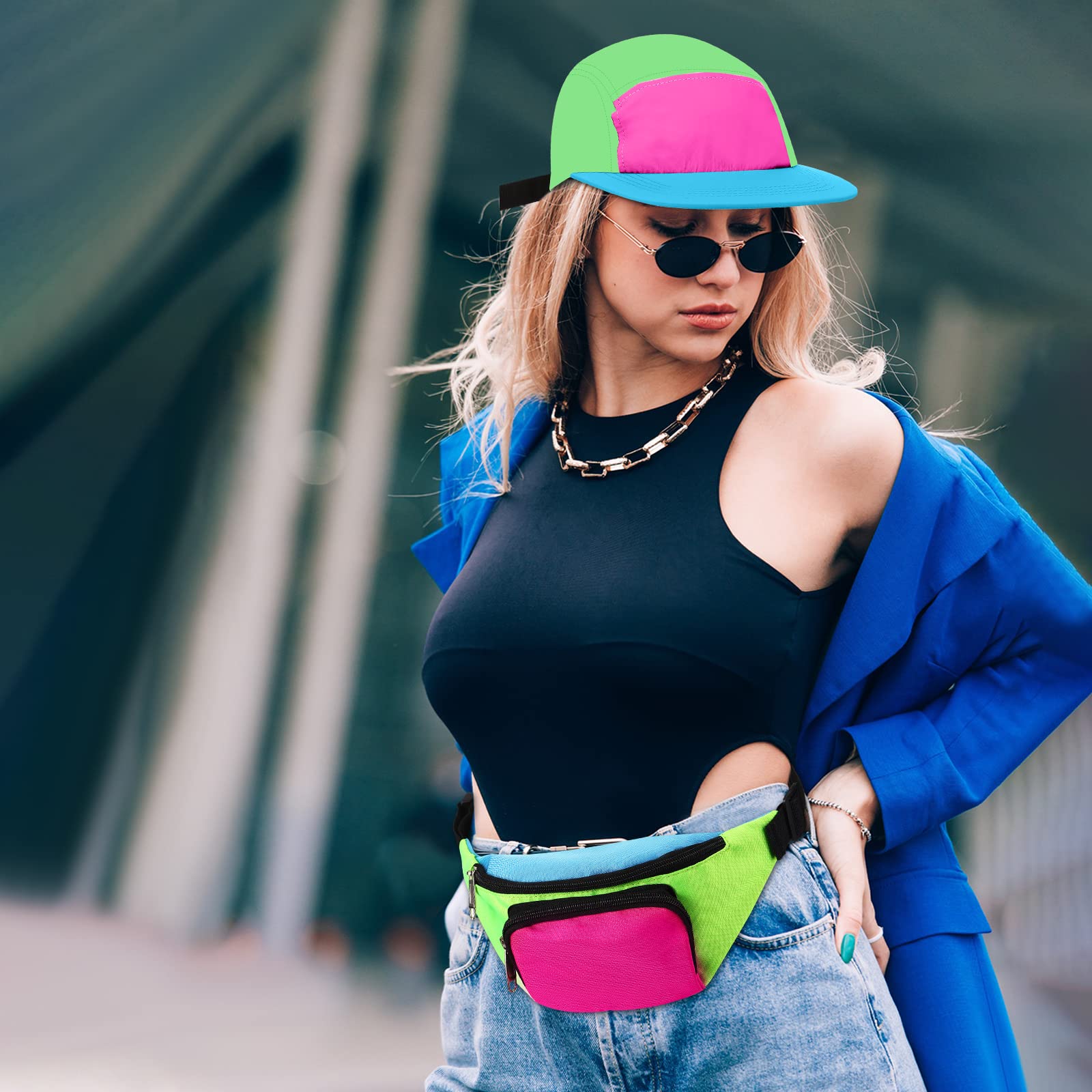 Cindeer 2 Pcs 80s 90s Neon Fanny Pack Hat for Women Neon Hat Retro Fanny Pack for 80s 90s Party Outfit Holiday Festival