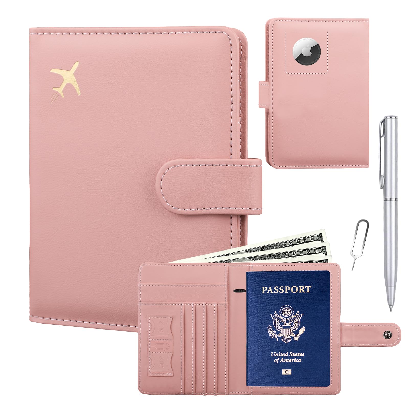 GOAUS Passport Holder for Travel with AirTag Slot Cards Cash Pocket, Faux Leather Travle Wallet Gifts for Women Men RFID Blocking Book Case Pink,