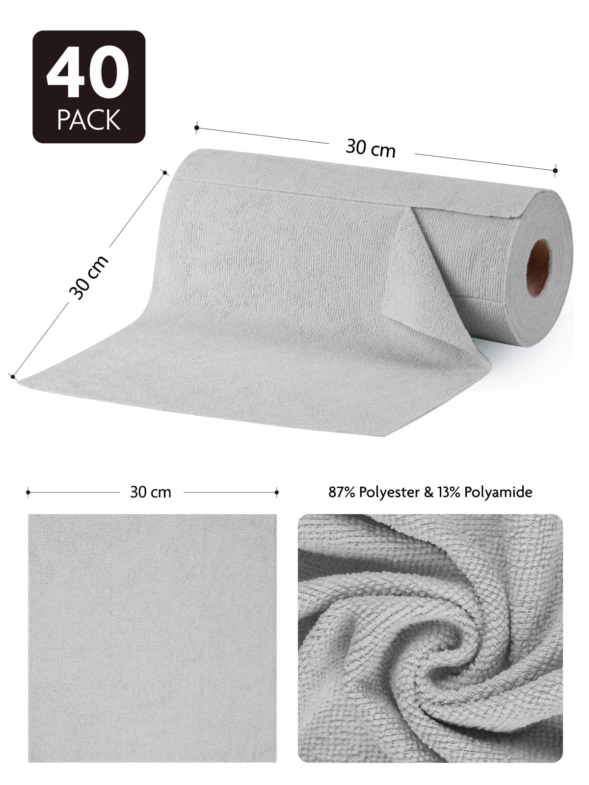 Fantasticlean Paños de Limpieza 40 Unidades, Rollo de Paño de Microfibra Rasgable, Trapos Reutilizables y Sin Pelusas 30 x 30 cm - Gris — view 2