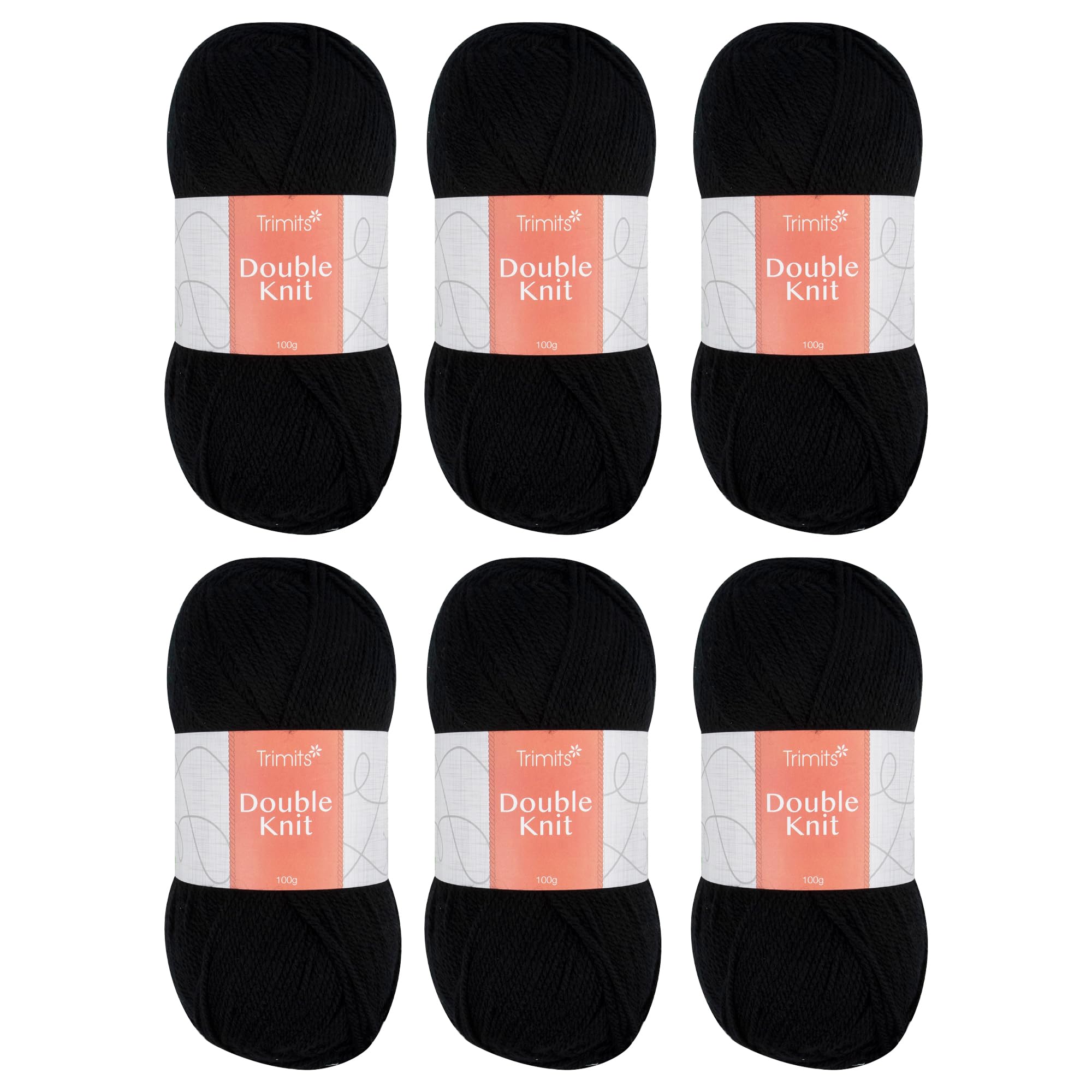 Trimits Double Knit Acrylic Yarn Wool for Knitting and Crochet - 6 x 100g (280 metres) - Soft Touch Easy Care Machine Washable DK Yarn, Oeko-TEX Certified Fibre, Black