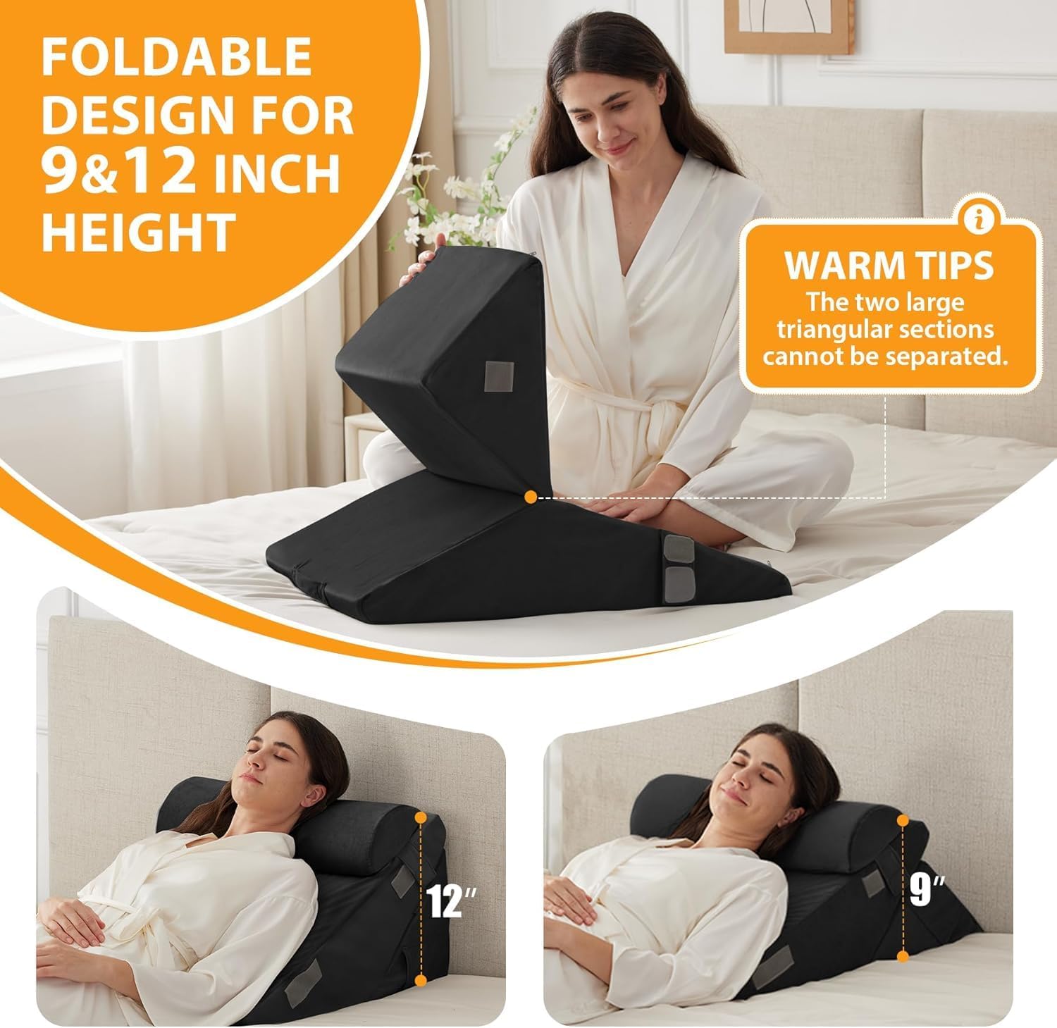 Adjustable Memory Foam Wedge Pillow with Headrest for Back Support for Bed, 12 in 1 Versatile Design for Sleeping, Leg Lift with Removable Cover (22x22x12