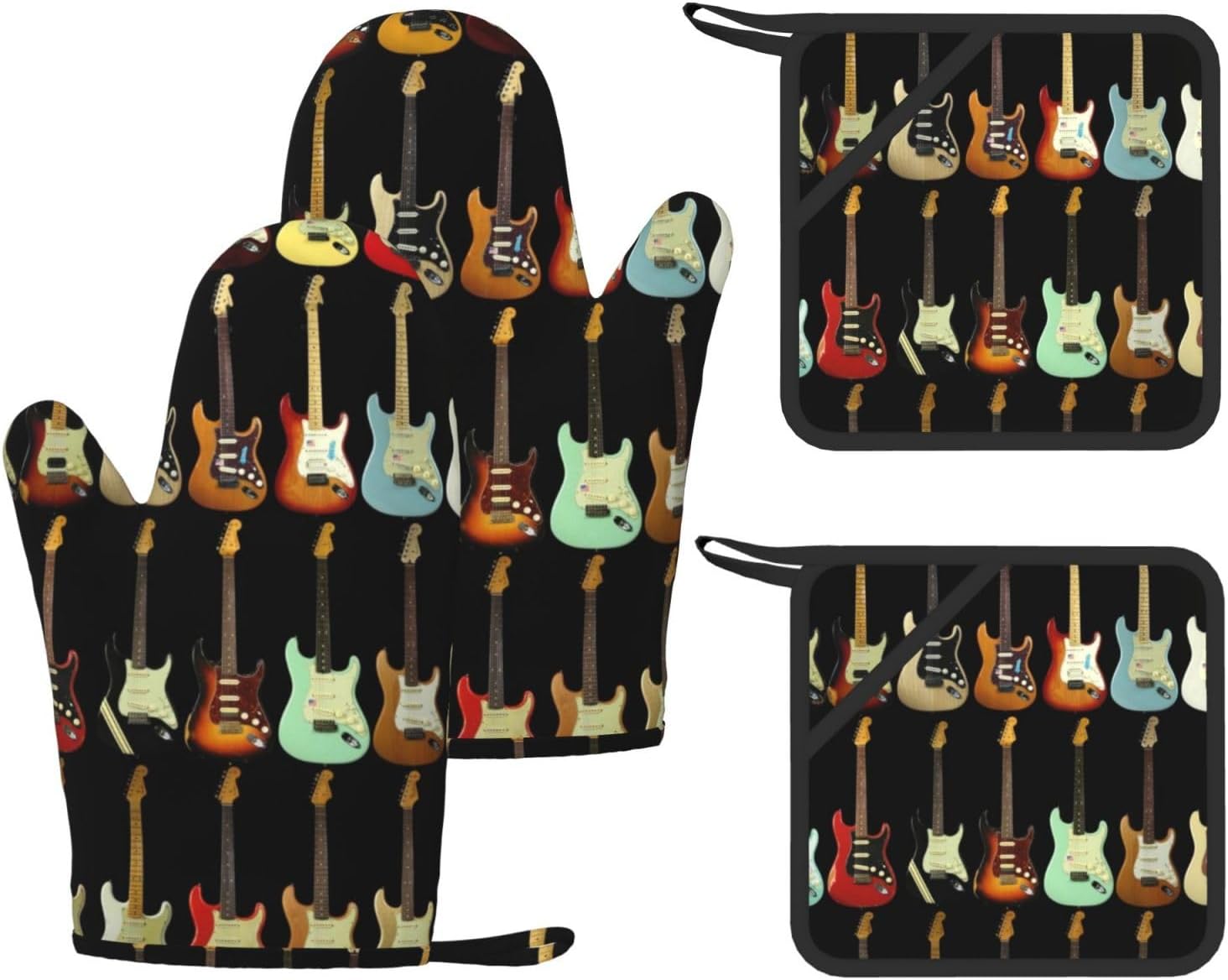 Art Guitar Pattern Oven Mitts and Pot Holders Set of 4 Heat Resistant Kitchen Gloves with Silicone Palm Hot Pads for Baking Cooking Grilling BBQ