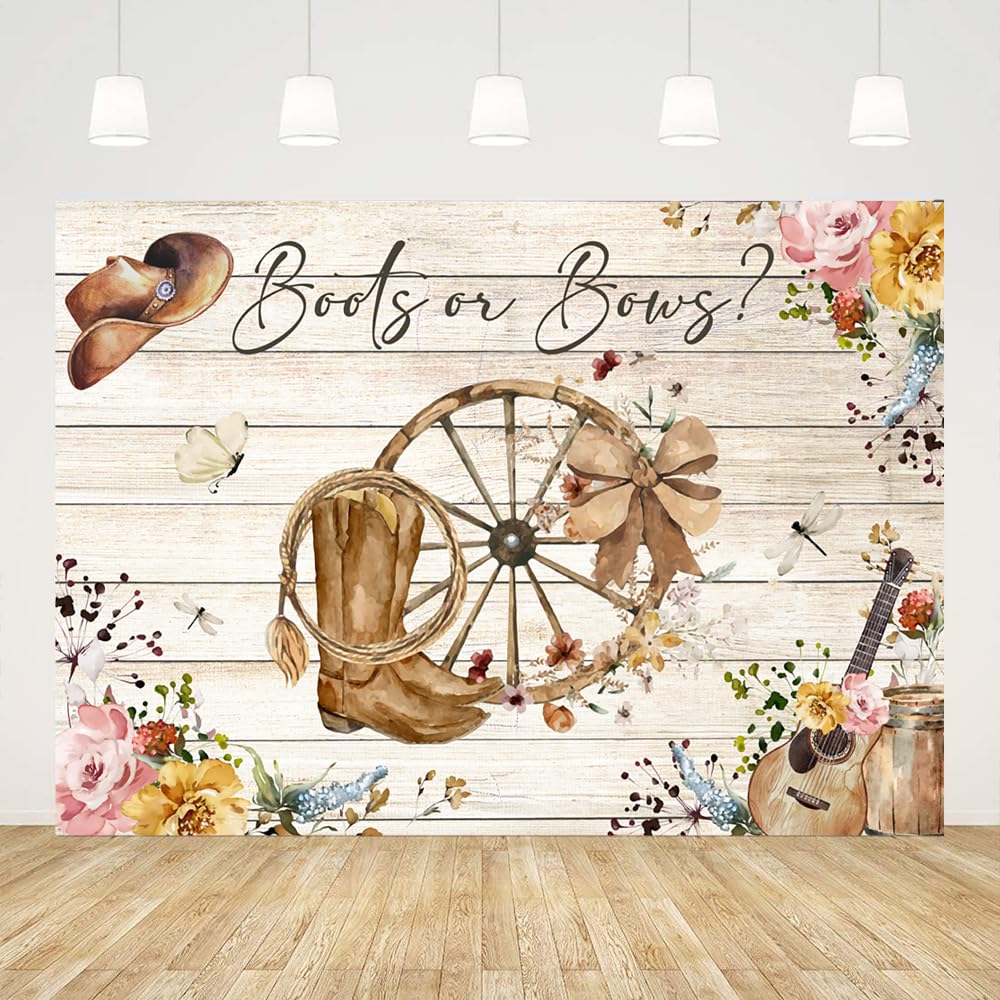 Ticuenicoa Boots or Bows Gender Reveal Backdrop 7x5ft Boys or Girls Baby Shower Party Decorations White Rustic Wood Photography Background Pink Floral Cowboy Boots Hat Guitar Photo Studio Booth Prop