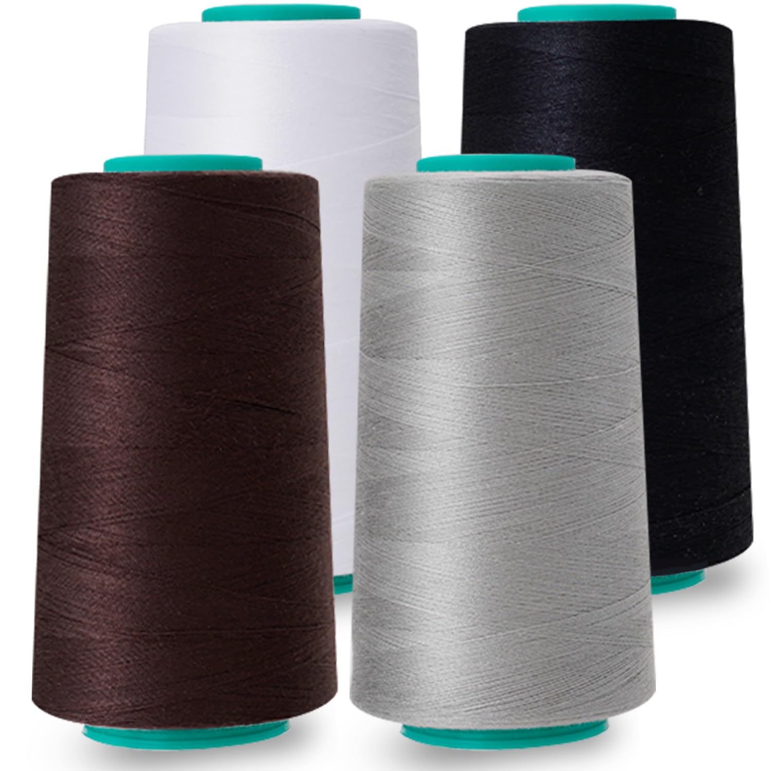 Nähgarnkegel, 4 Stück, 3000 m, Allzweck-Polyestergarn zum Nähen, Quilten, Overlock, Stickerei (Schwarz, Weiß, Braun, Grau)