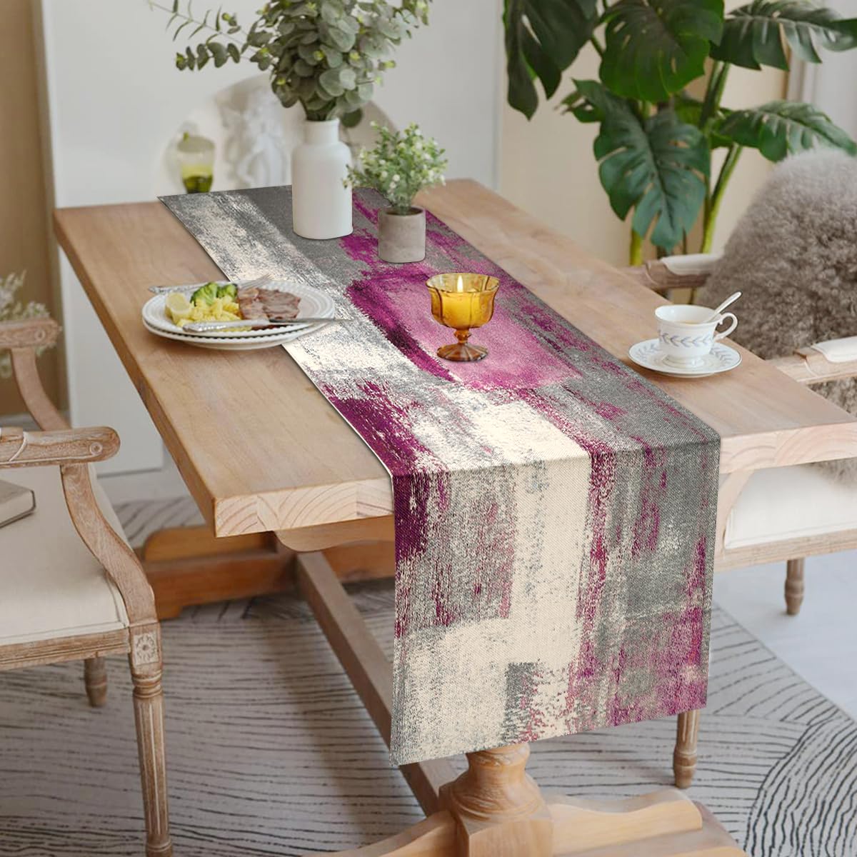 Table Runner Modern Pink and Grey Table Decorations Cotton Linen Boho Decorative Cloth Dining Table Runners for Weddings Party Dinner Holidays Home Party Decor 40 x 140 cm - Image 2