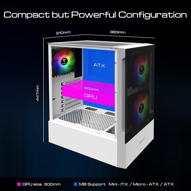 GAMDIAS ATX Mid-Tower Gamer PC Ház, 3 db 120mm ARGB Ventilátorral, Mesh Előlap, Edzett Üveg Oldallap, Fehér
