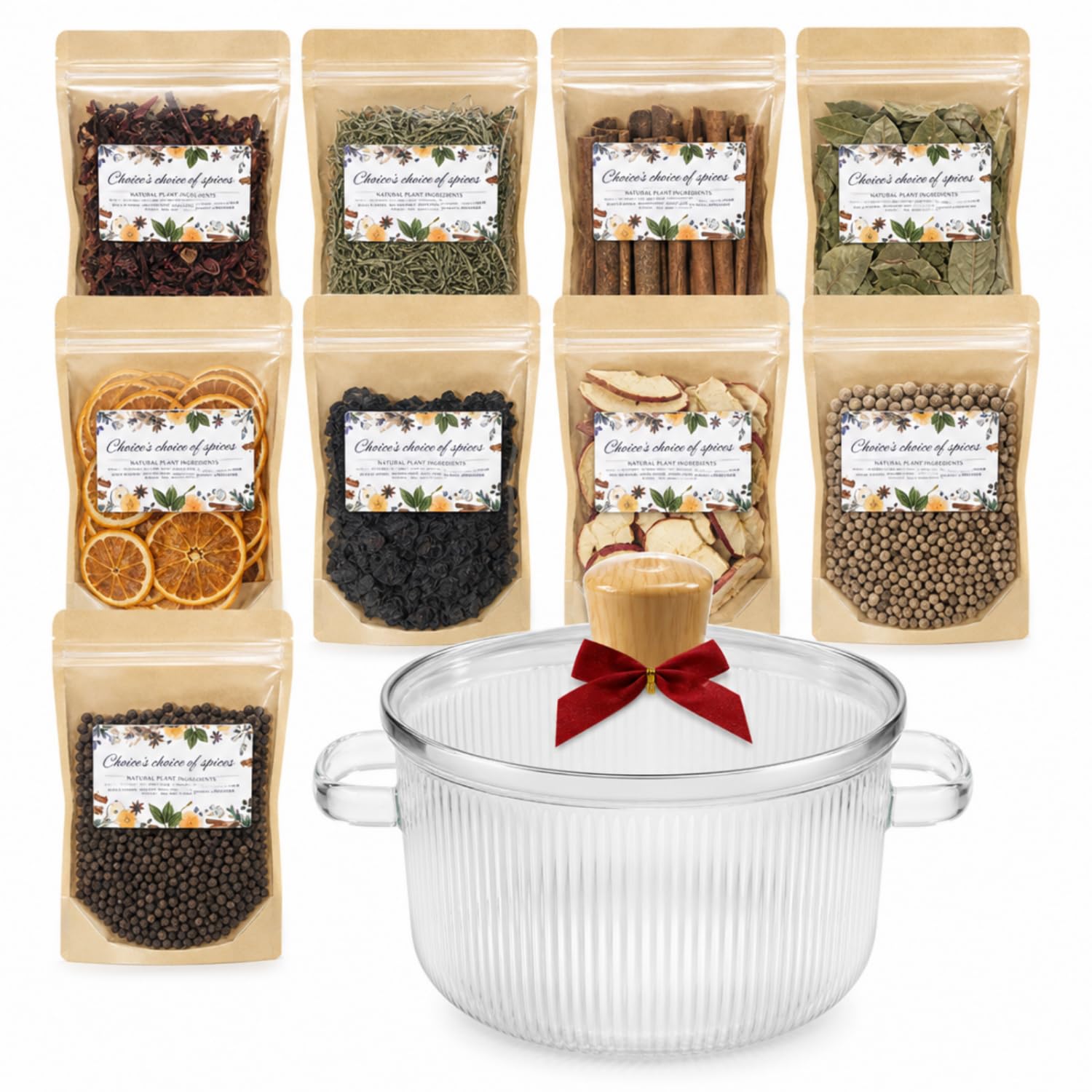 9 confezioni di potpourri di Natale, un vaso di vetro con fiocco