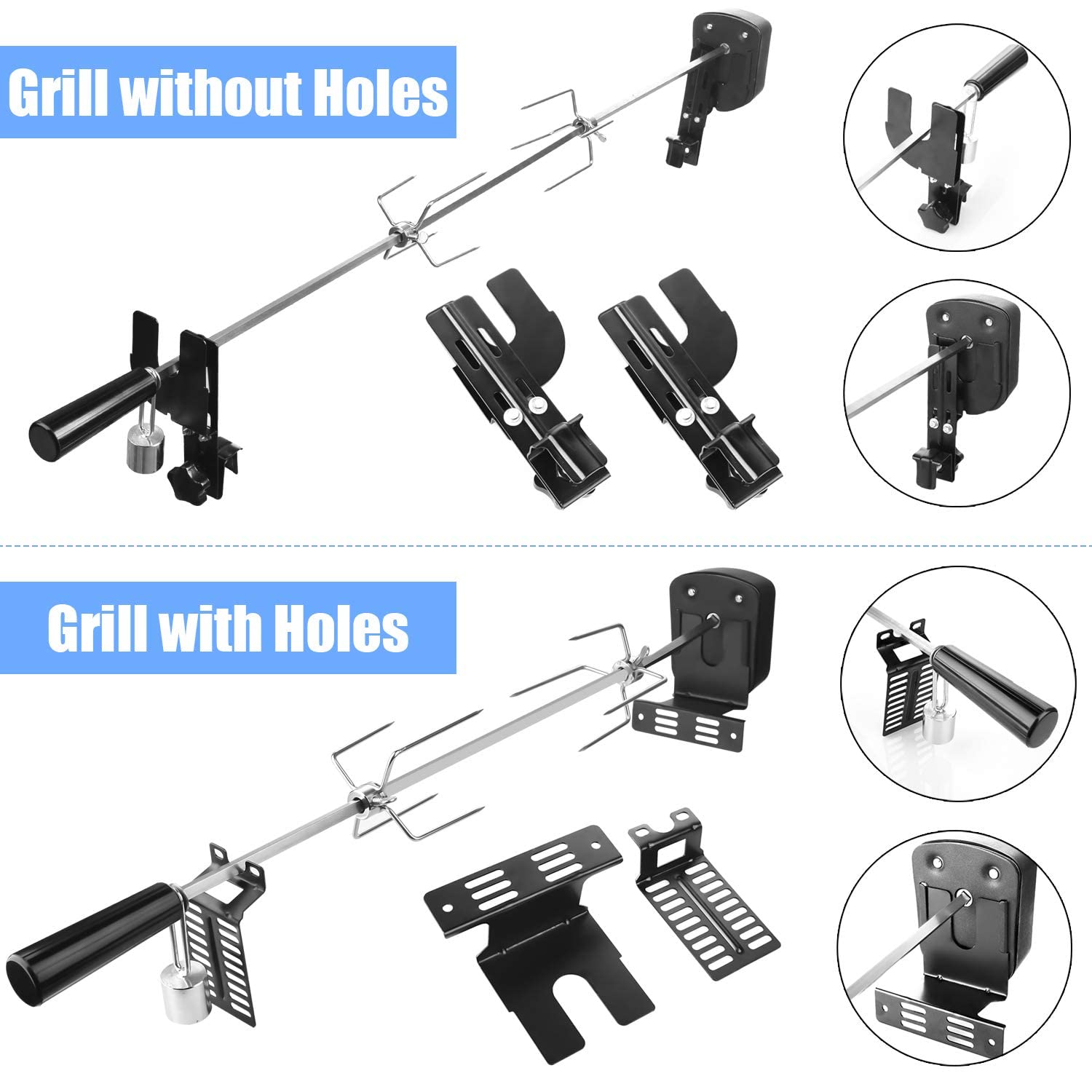 Girarrosto Elettrico con 2 Aghi per Carne, Motore, Alimentato Tramite USB e Adattatore, Girarrosto Barbecue per Griglia a Carbone, Grill a Gas, Carrello Grill, Lunghezza Regolabile 69-137 cm