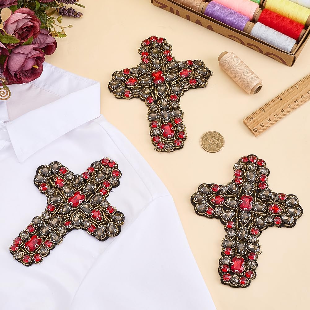 FINGERINSPIRE 3PCS Beaded Cross Patches 4.76x6.06inch Black and Red Rhinestone Cross Patches Felt Base Beaded Cross Applique for Clothing Decoration Jackets Bags DIY Fashion Accessories