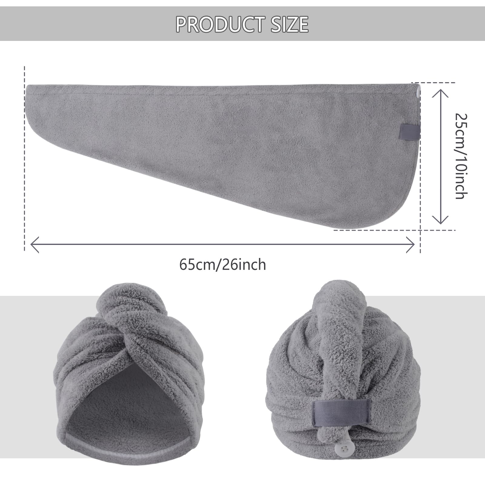 Vivote Anti-Frizz Quick Dry Microfibre Hair Towel Wrap with Button, Super Absorbent for Long Curly Hair 25cm*65cm Grey, 3 Pack - Image 2