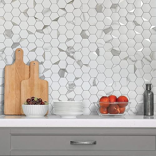 Miniatura 6 de DICOFUN Azulejos hexagonales de 10 hojas para despegar y pegar, aspecto de mármol blanco, azulejos de mosaico de metal plateado mezclado con PVC