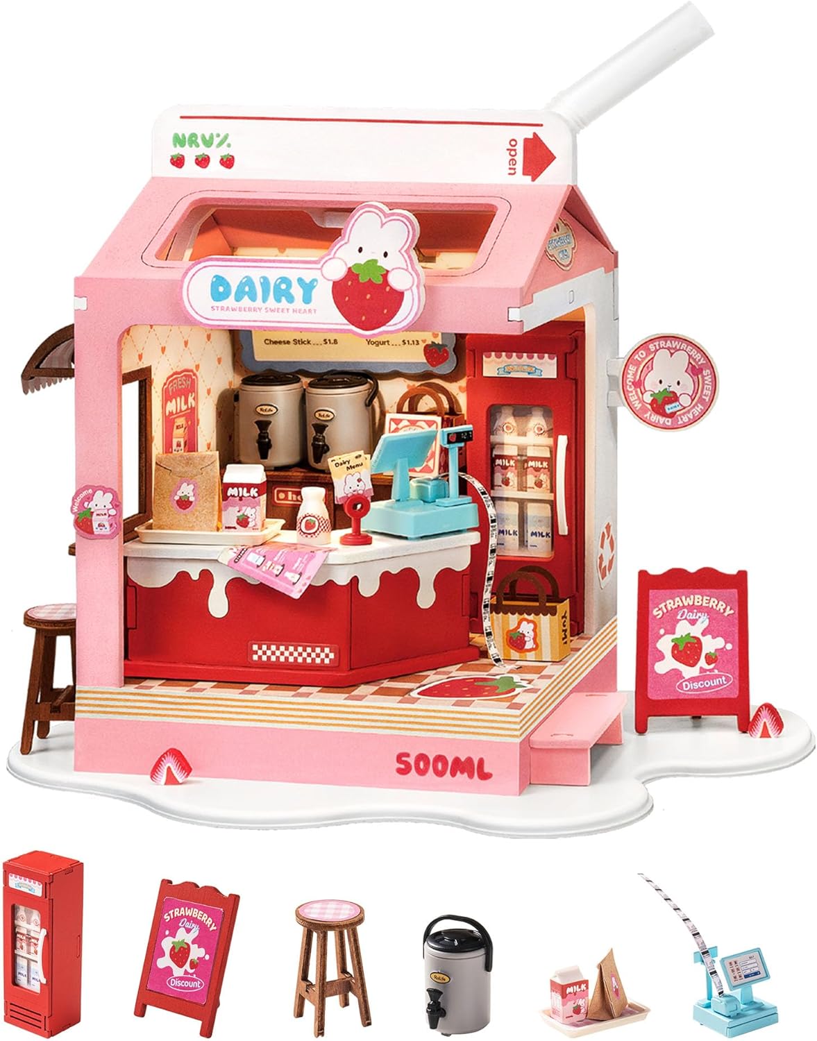 Robotime DIY Miniature House Kit, 1:28 Scale Tea Shop Scale Diorama Dollhouse with LED Lights, 3D Wooden Puzzle for Adults, Creative Crafts & Unique Gift for Craft Enthusiasts (Strawberry Milk Box)