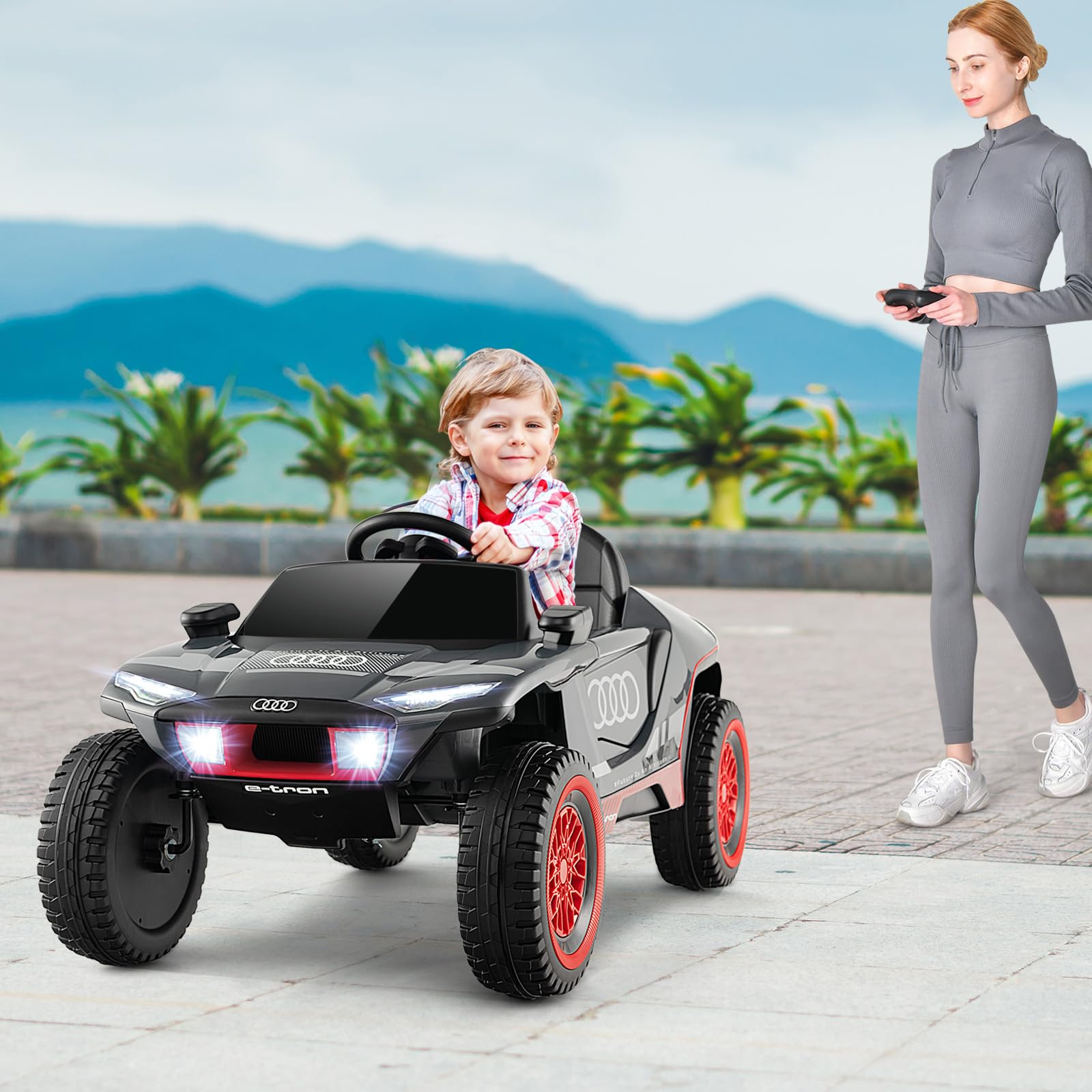 GOPLUS Voiture Electrique Enfants 12 V, Audi Quad 4x4 Electrique Enfants 1 Place avec Télécommande Parentale 2,4G, Musique Intégrée, Lumières LED, 3-6,5 km/h Charge 25KG pour Enfant 3 Ans+
