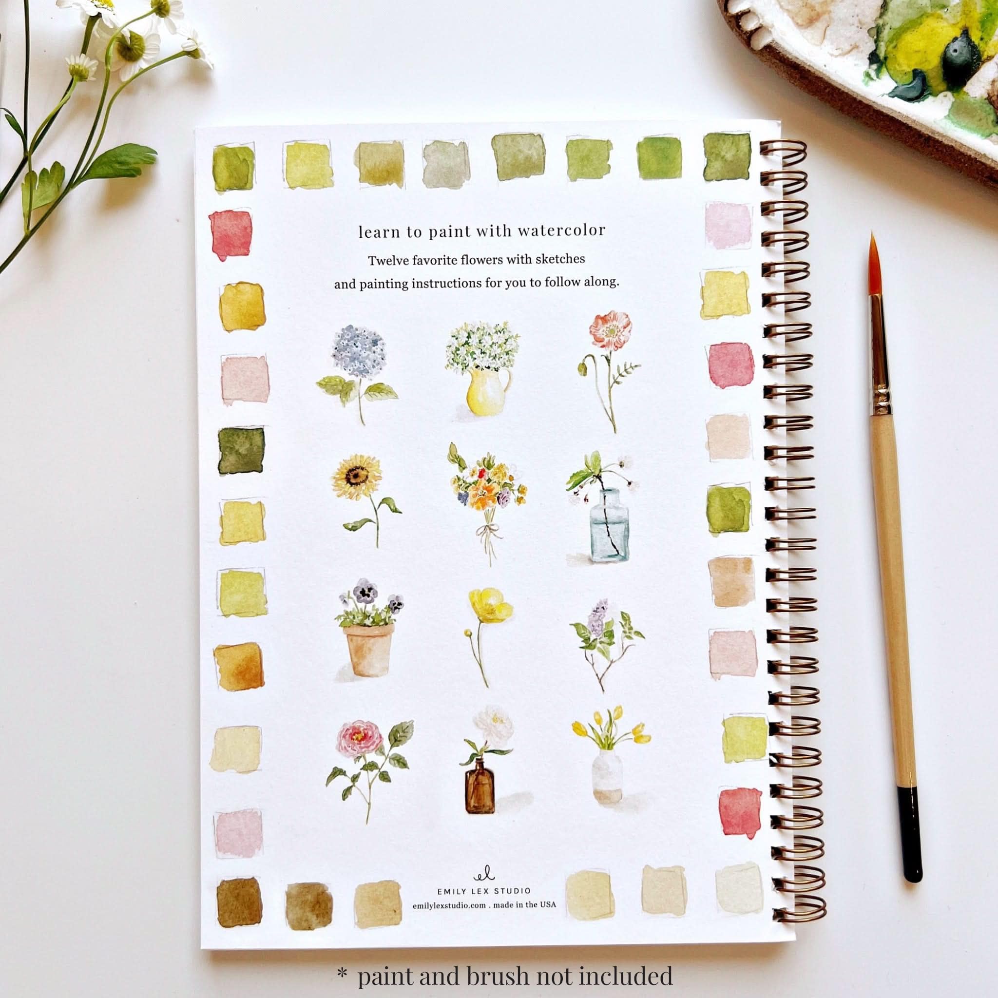 Emily Lex Studio Aquarell-Arbeitsbuch mit Blumen, 12 anfängerfreundliche skizzierte Illustrationen, flache Spiralseiten, 16,5 x 22,9 cm, 54,4 kg Aquarellpapier