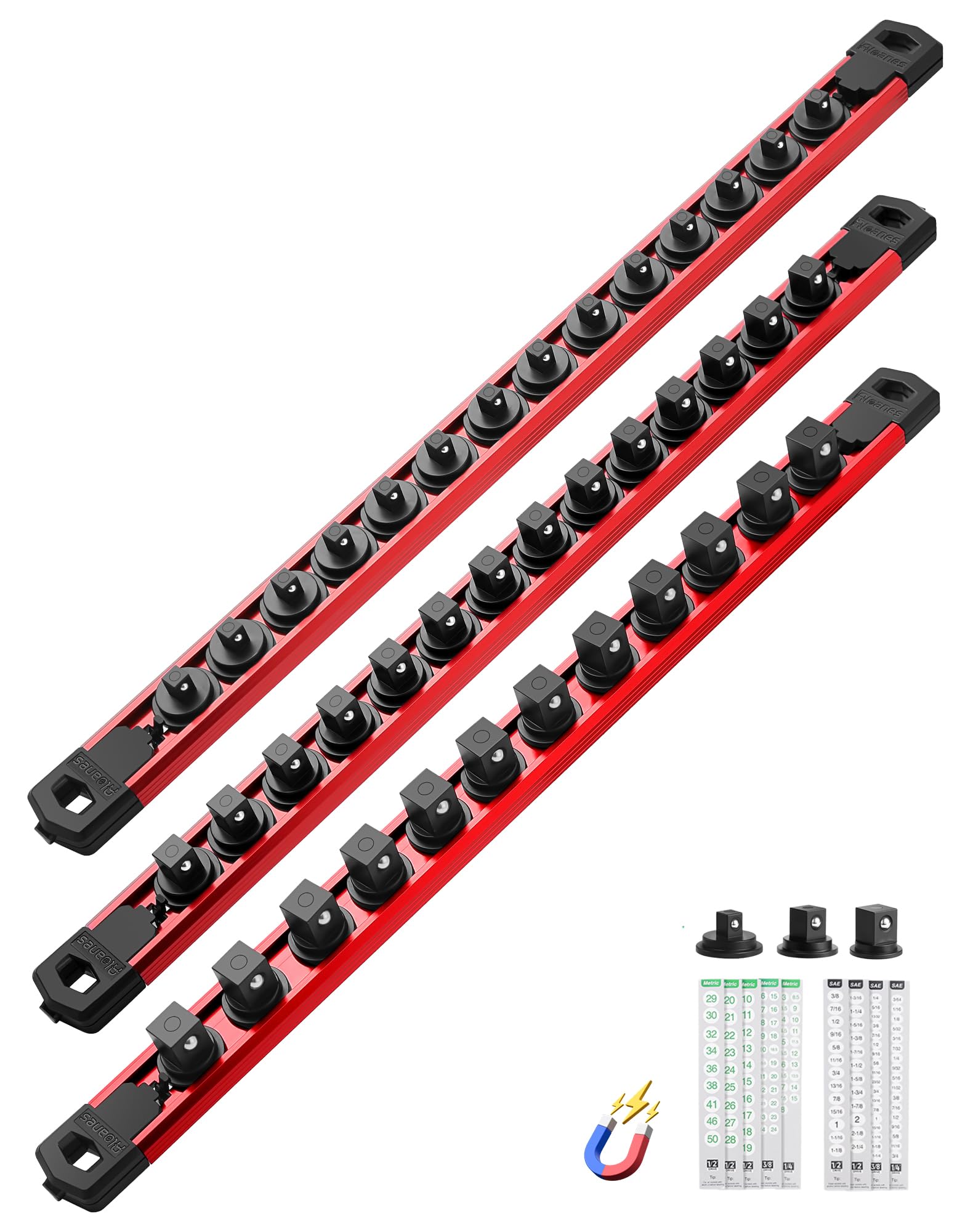 ALOANES Magnetic Socket Organizer, 1/2,3/8,1/4" Rails 40 Clips (Red, 3PC)