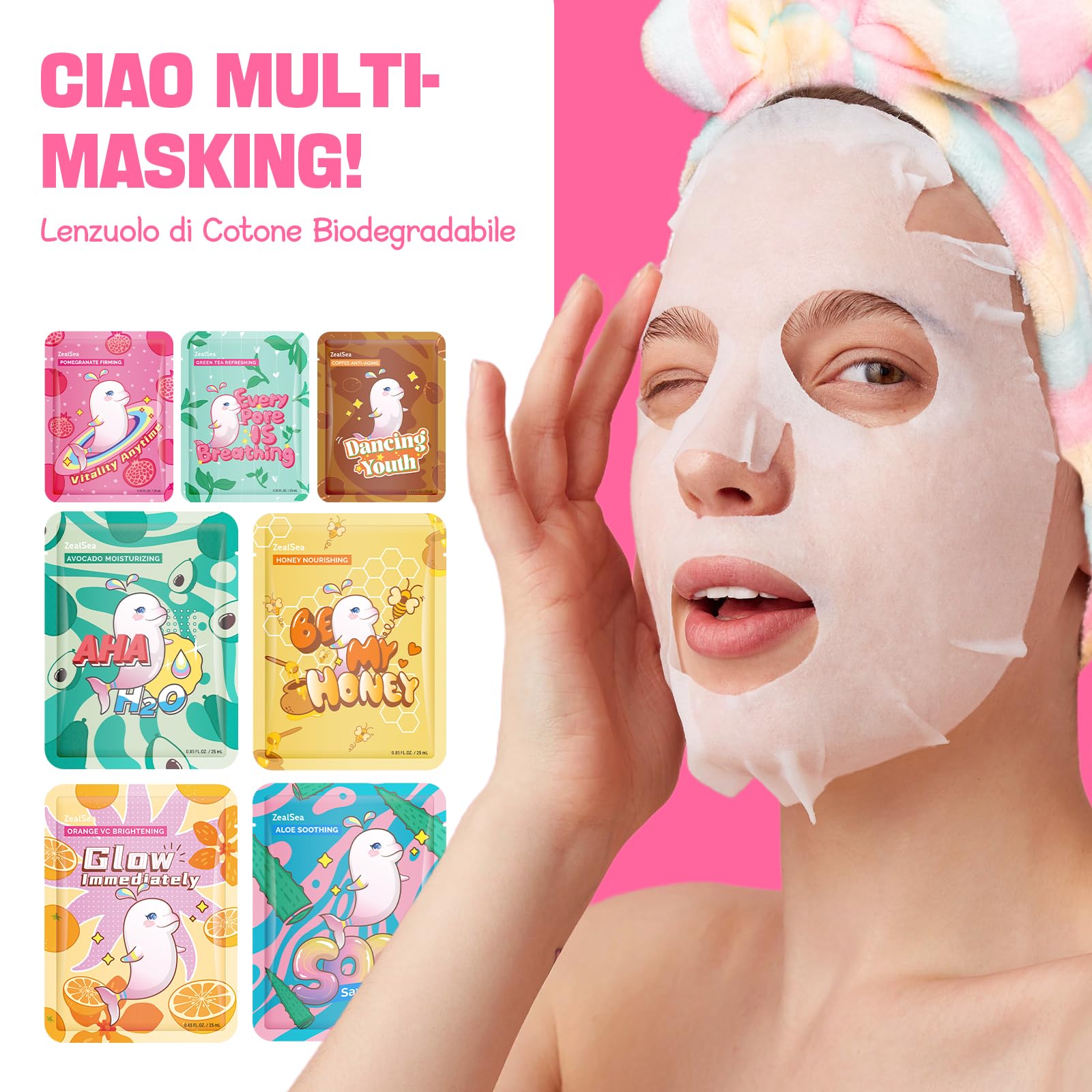 Maschera Viso Idratante, Maschere Viso in Tessuto, ZealSea Multi-effetto Set Maschere Viso per Bambina Ragazza Donne con Formula Naturali, Biodegradabile Sheet Mask per Spa Party, Lenitive Vegan 7pz