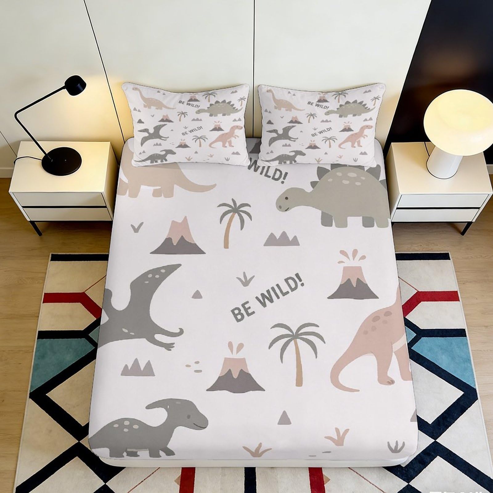 3D Printed Dinosaur Volcano Fitted Sheet Microfiber Non-Slip Bed Cover for Bedroom Dorm Mattress Protection Decor 90x200x25cm