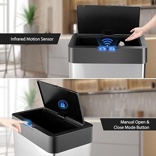 Miniatura 2 de Rengue Basurero automático de acero inoxidable con sensor de movimiento sin contacto de 16 galones con tapa para cocina, dormitorio, oficina en