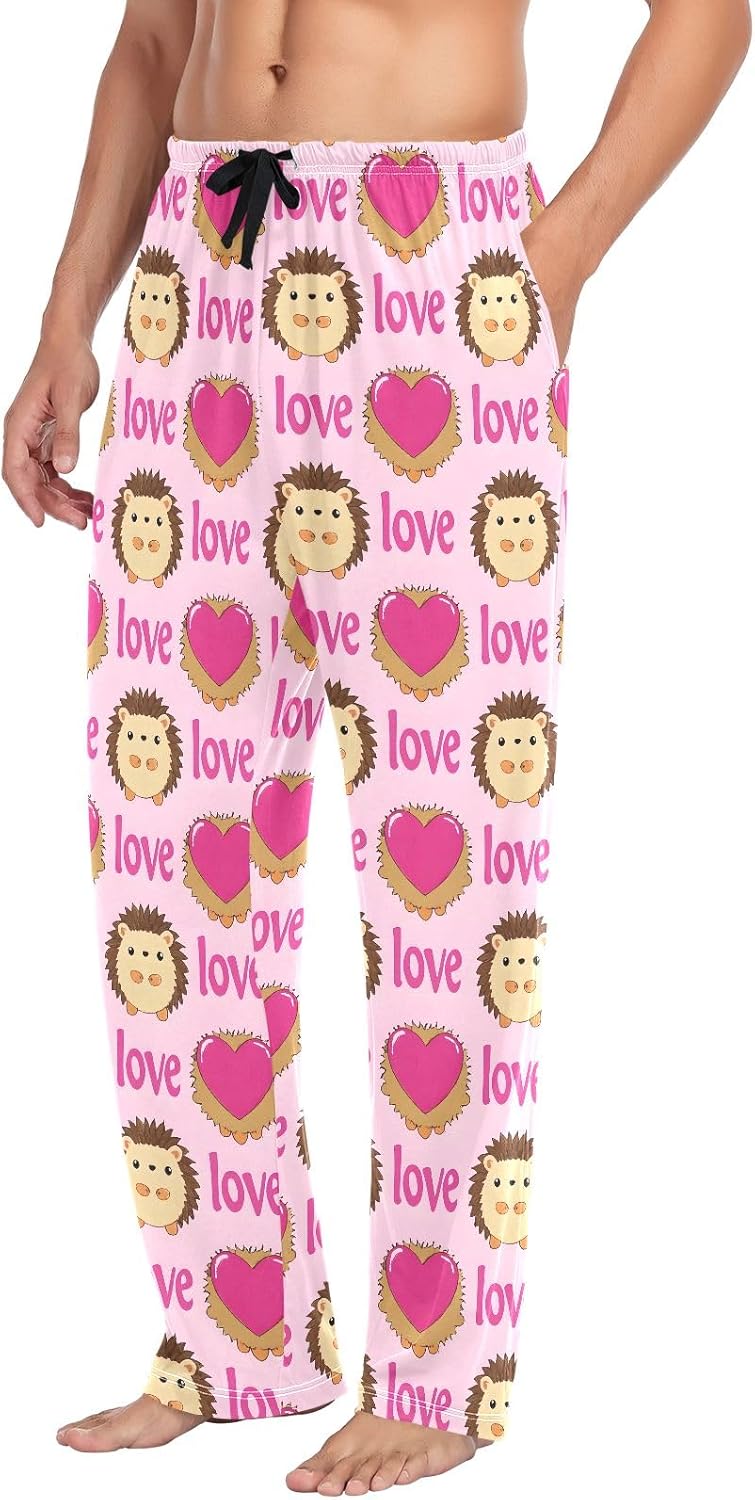 Men Pajama Pants Hedgehog Love Heart Pattern Lounge Comfortable Relaxed Sleepwear Bottom