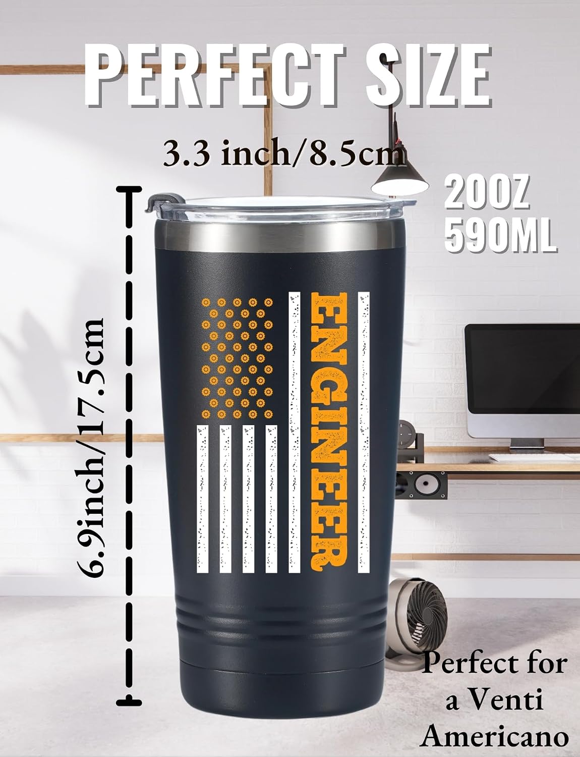 Onebttl Engineer Gifts for Men, Funny 20oz Stainless Steel Tumbler Travel Mug for Mechanic, Electricians, Civil Engineers, Black, Flag