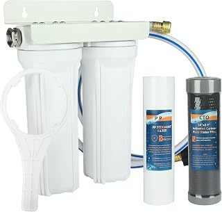 Premier RV Water Filter System - 2 Stage with Hose Fitting,3/4" Lead-Free 304 Stainless Steel Adapters, Reduces Chlorine, Bad Odors, Sediment, Compatible with RVs, Boats, Washing & Showering