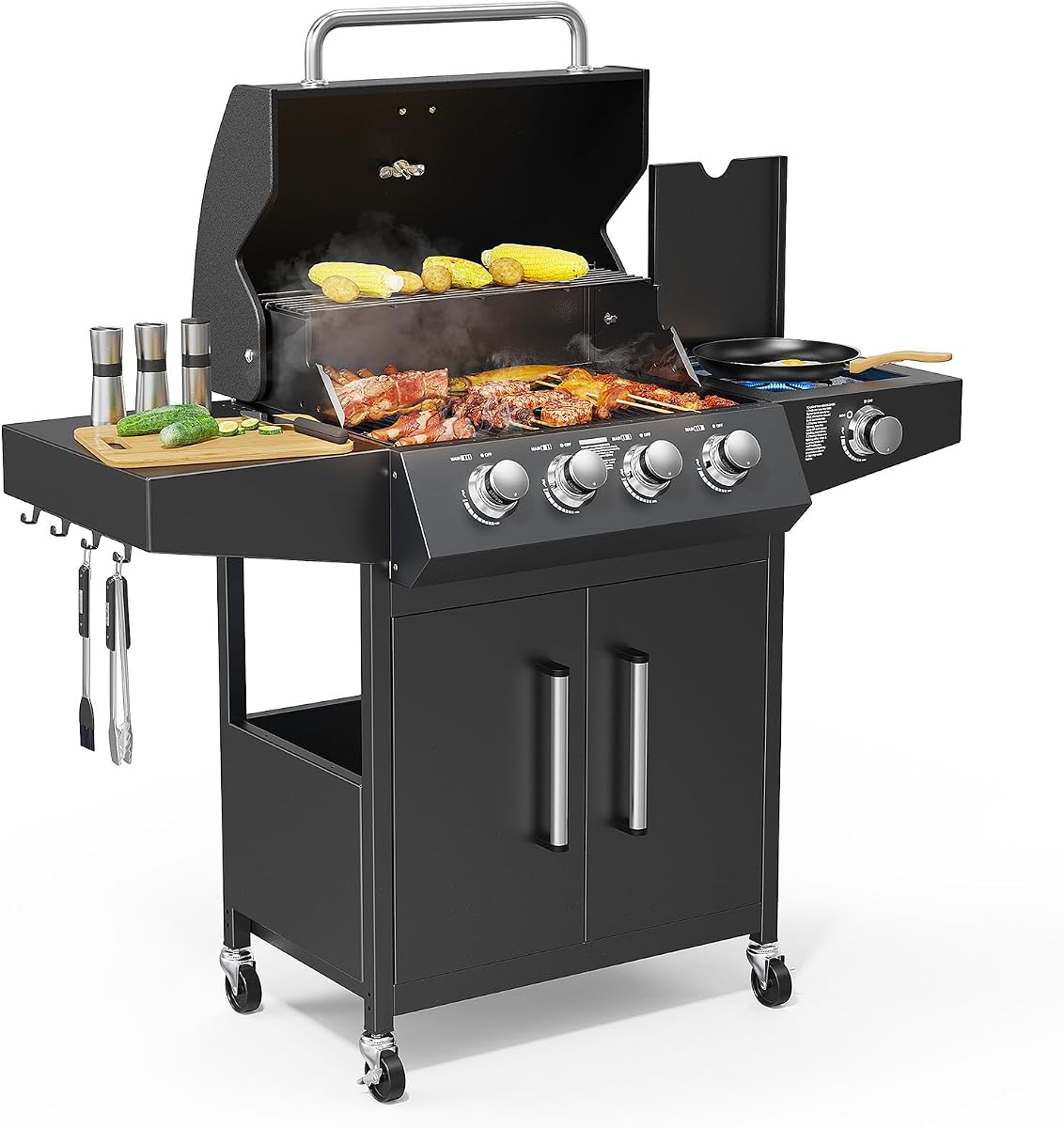 ROVSUN Parrilla de gas propano de 4 quemadores con quemador lateral, parrillas de barbacoa de 58.000 BTU con rejillas de hierro fundido esmaltado, estante y gabinete para jardín al aire libre, patio, barbacoa, cocina
