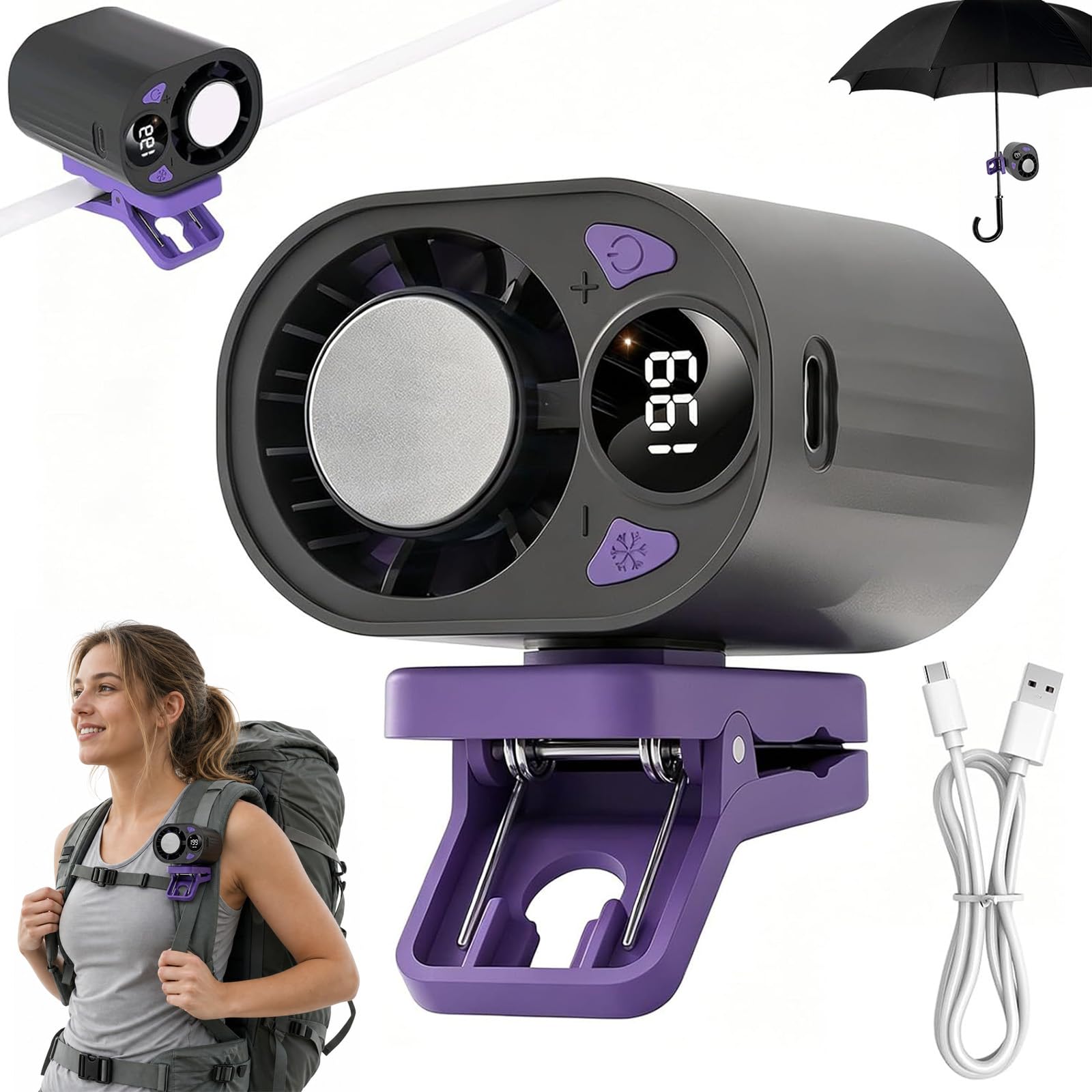 Ventilador de coche con clip Vibbang recargable, semienfriamiento 16℃ y giro 360°