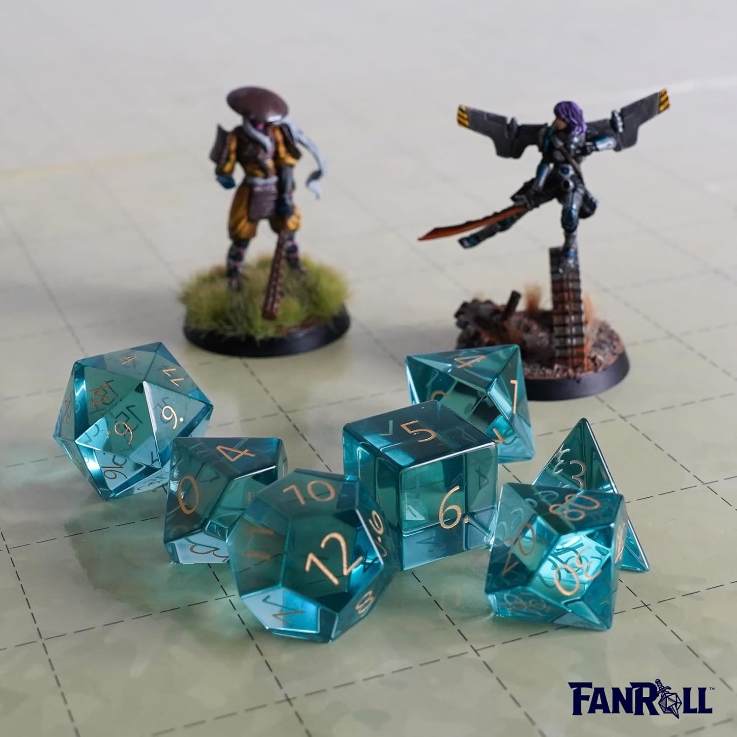 FanRoll 16mm Birthstone Stone Poly DND Dice Set: Engraved March Aquamarine, Role Playing Game Dice for Dungeons and Dragons