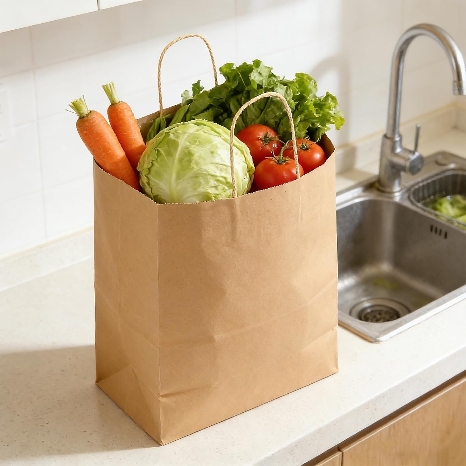 KEILEOHO 50 Pack 12x7x17 Inch Large Kraft Paper Grocery Bags with Handles, Reusable Brown Paper Shopping Bags Sacks for Gift Wrapping, Retail, Takeout