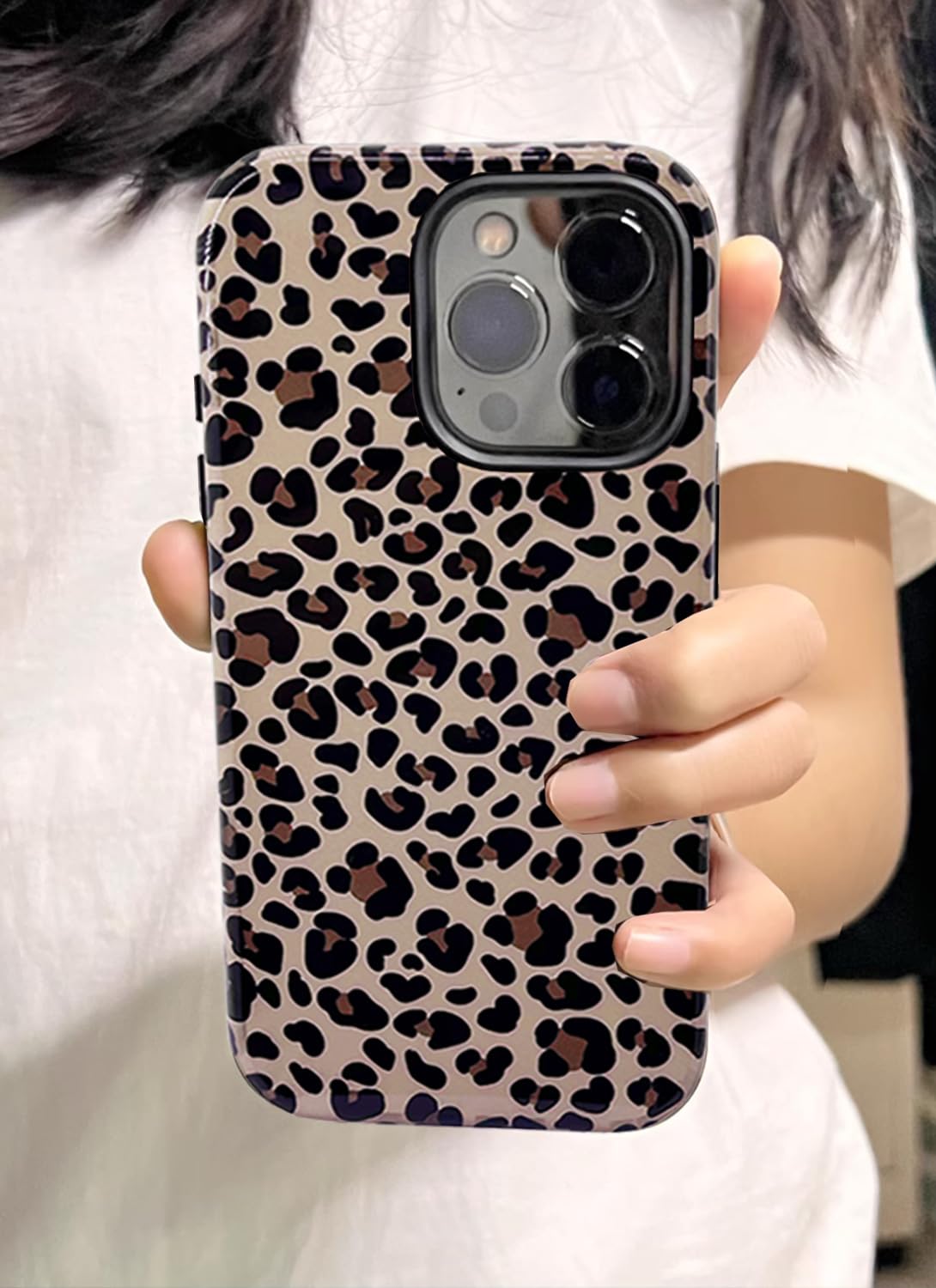 J.west Funda compatible con iPhone 14 Pro de 6.1 pulgadas con 2 protectores de pantalla de vidrio templado, lindo animal leopardo, funda híbrida para niñas y mujeres, fundas protectoras estéticas para