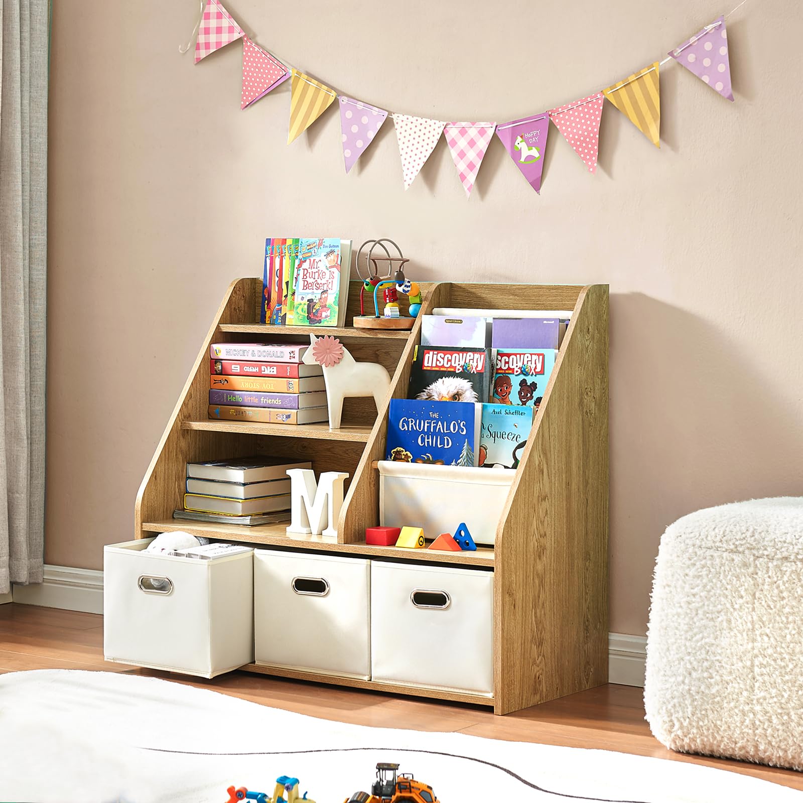 EFURDEN Kinder Bücherregal mit Aufbewahrung, 4-stufiges Montessori Spielzeugregal aus Holz mit 3 Schubladen & 4 Stoffboxen, Organizer für Kinderzimmer, Spielzimmer