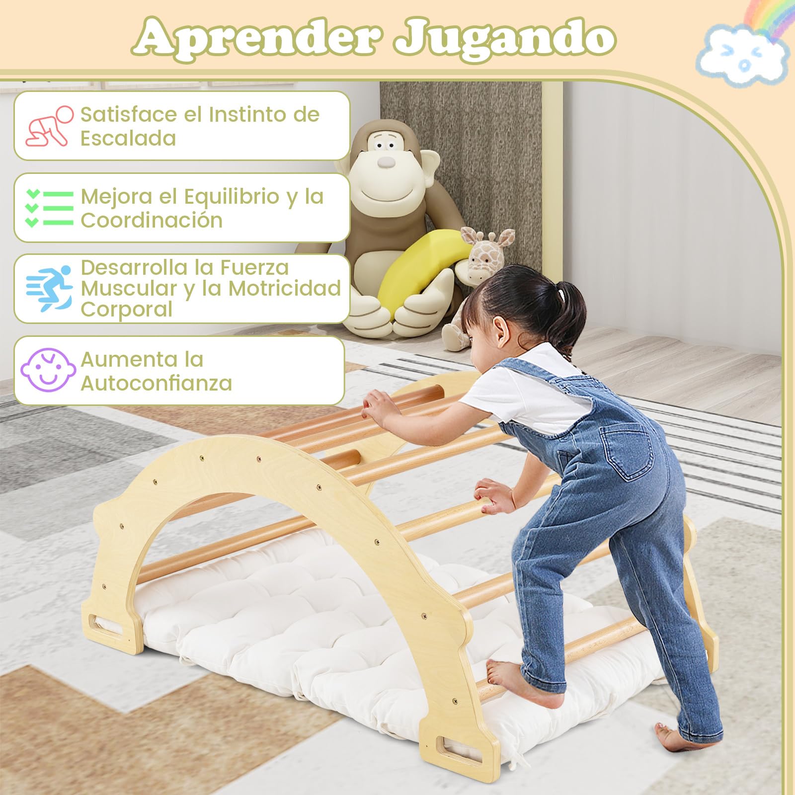 COSTWAY Triángulo de Escalada 2 en 1 con Cojín Suave, Arco de Escalada de Doble Cara, Juguete de Escalada y Balancín de Madera para Niños de 1 + Años para Jardines de Infantes (Natural)