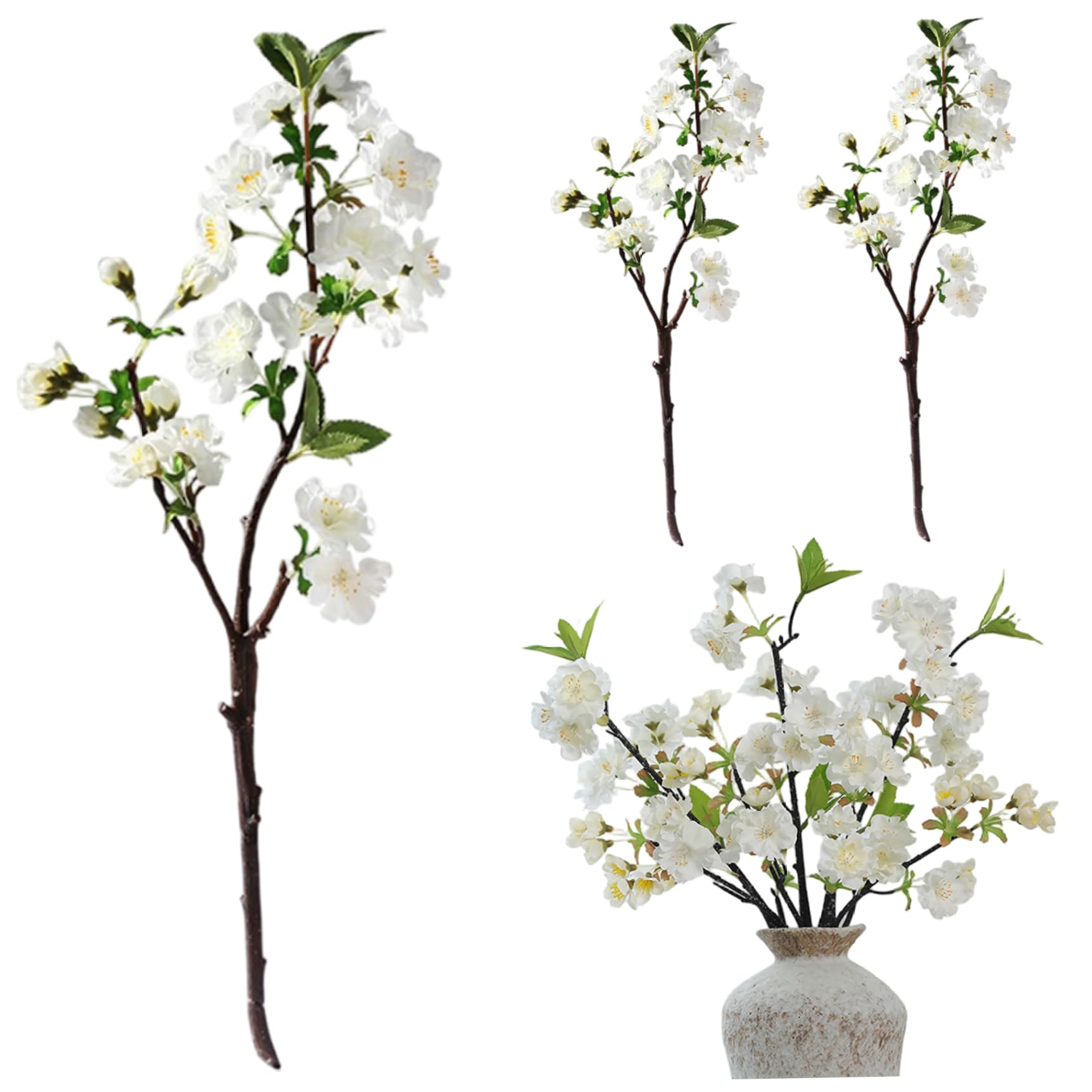 Branches de fleurs cerisier artificielles blanches | Lot de 3 tiges pour vase de 45,7 cm