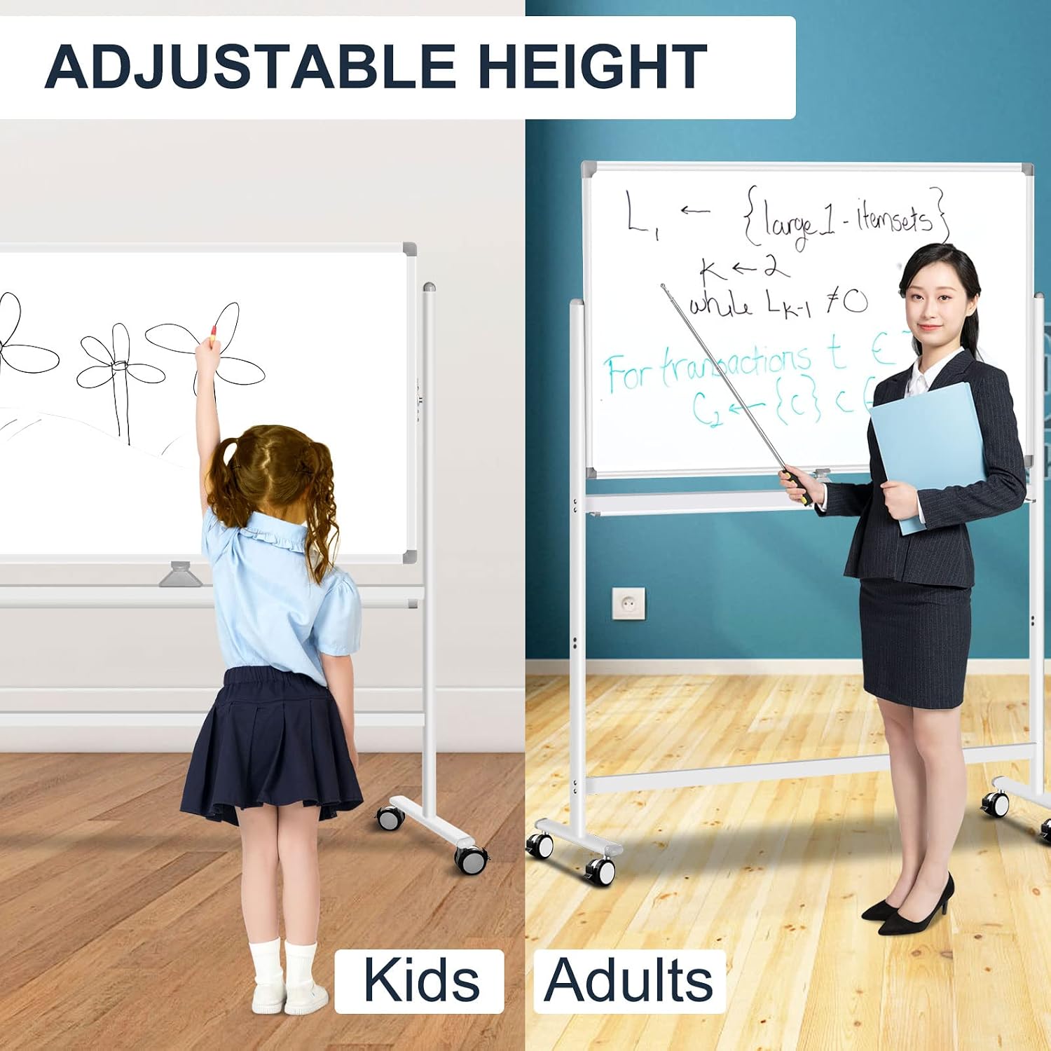 Large Rolling White Boards on Wheels Double Sided Adjust Height Dry Erase Magnetic Whiteboard - 43x31 inch whiteboard for Home Office Classroom Presentation Supplies Smart Board