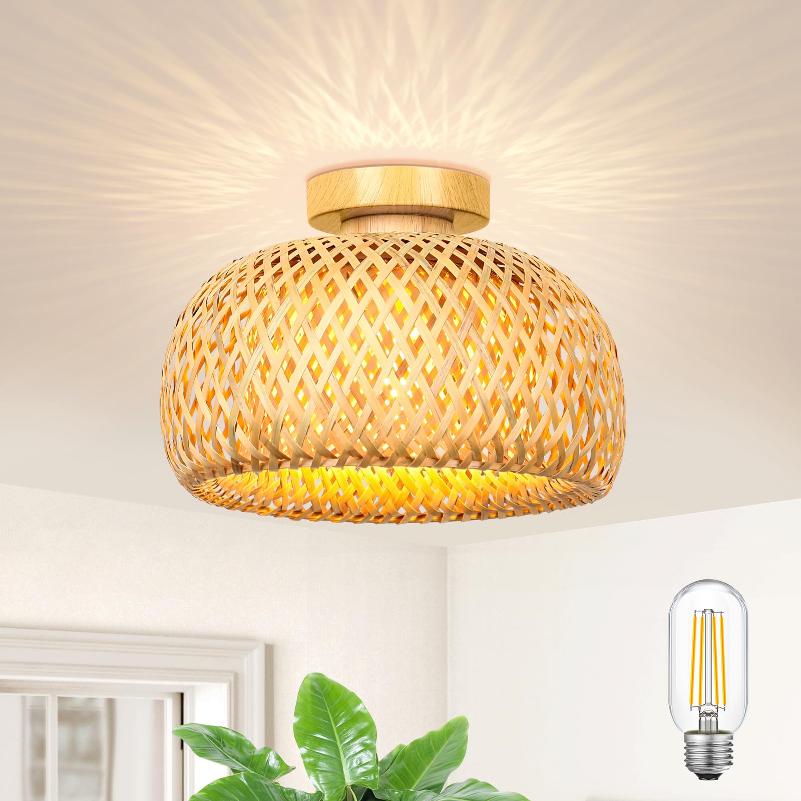TOBUSA Rattan Ceiling Light Fixture, Boho Semi Flush Mount Ceiling ...