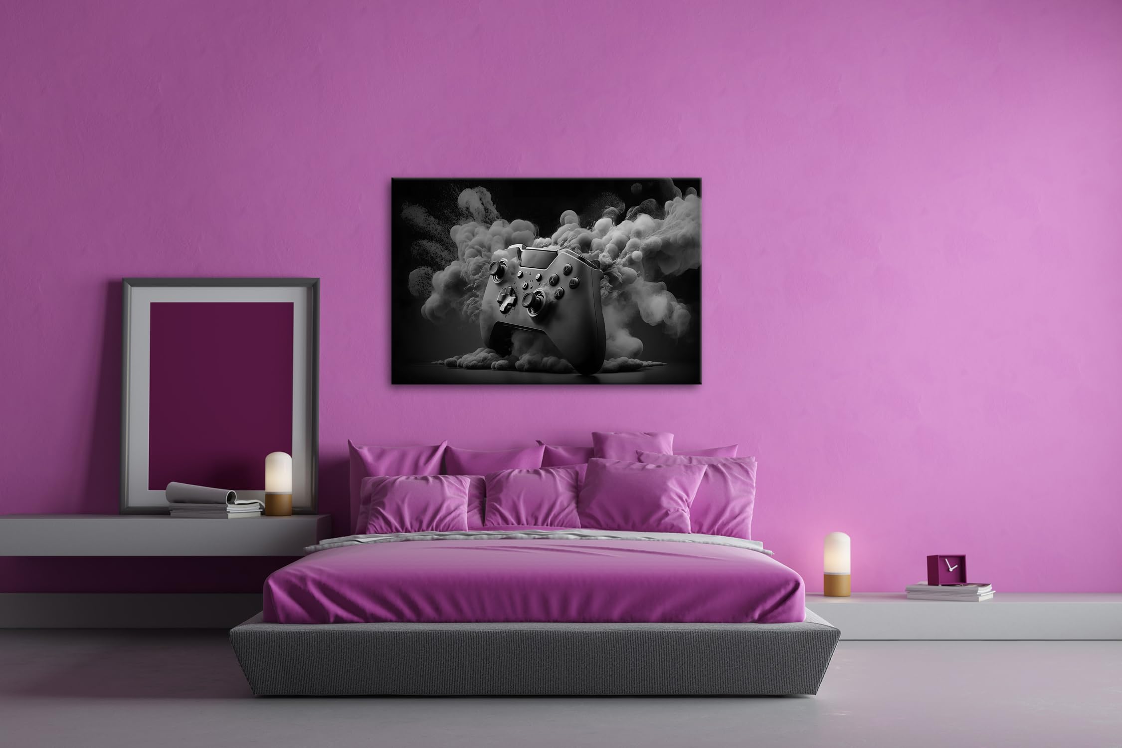 Leinwandbild Gaming trifft Farbe – Controller als Kunst in Bewegung. Format: 100x70cm Effekt:Schwarz&Weiß XXL Kunstdruck Bild auf Keilrahmen/Wandbild/Wohnzimmer Dekoration