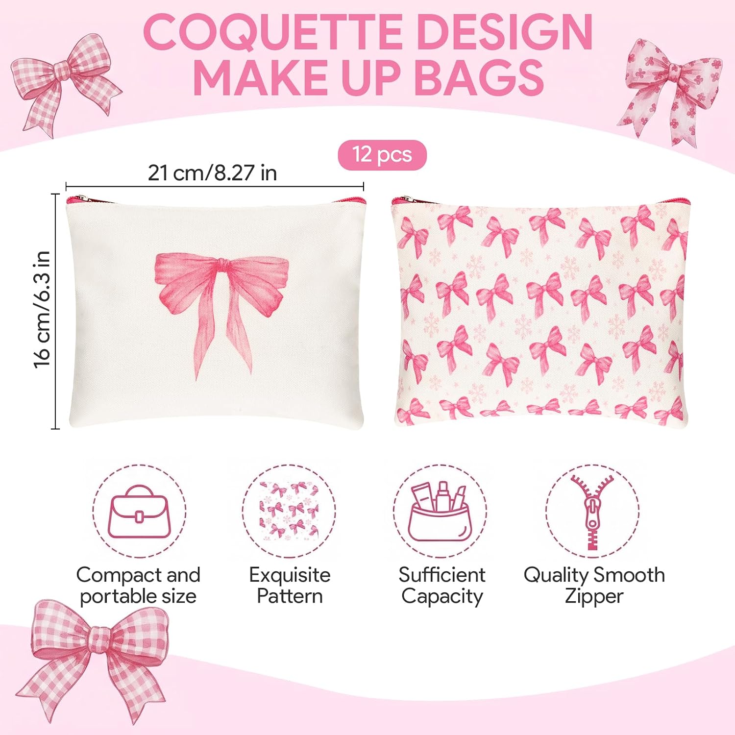 24 Pcs Pink Bow Party Favors, Canvas Bow Makeup Bag Round Compact Mirror, Zipper Pouch Pocket Mirrors Favor for Women, Bulk Cosmetic Bags Bow Themed Party Favors for Guests