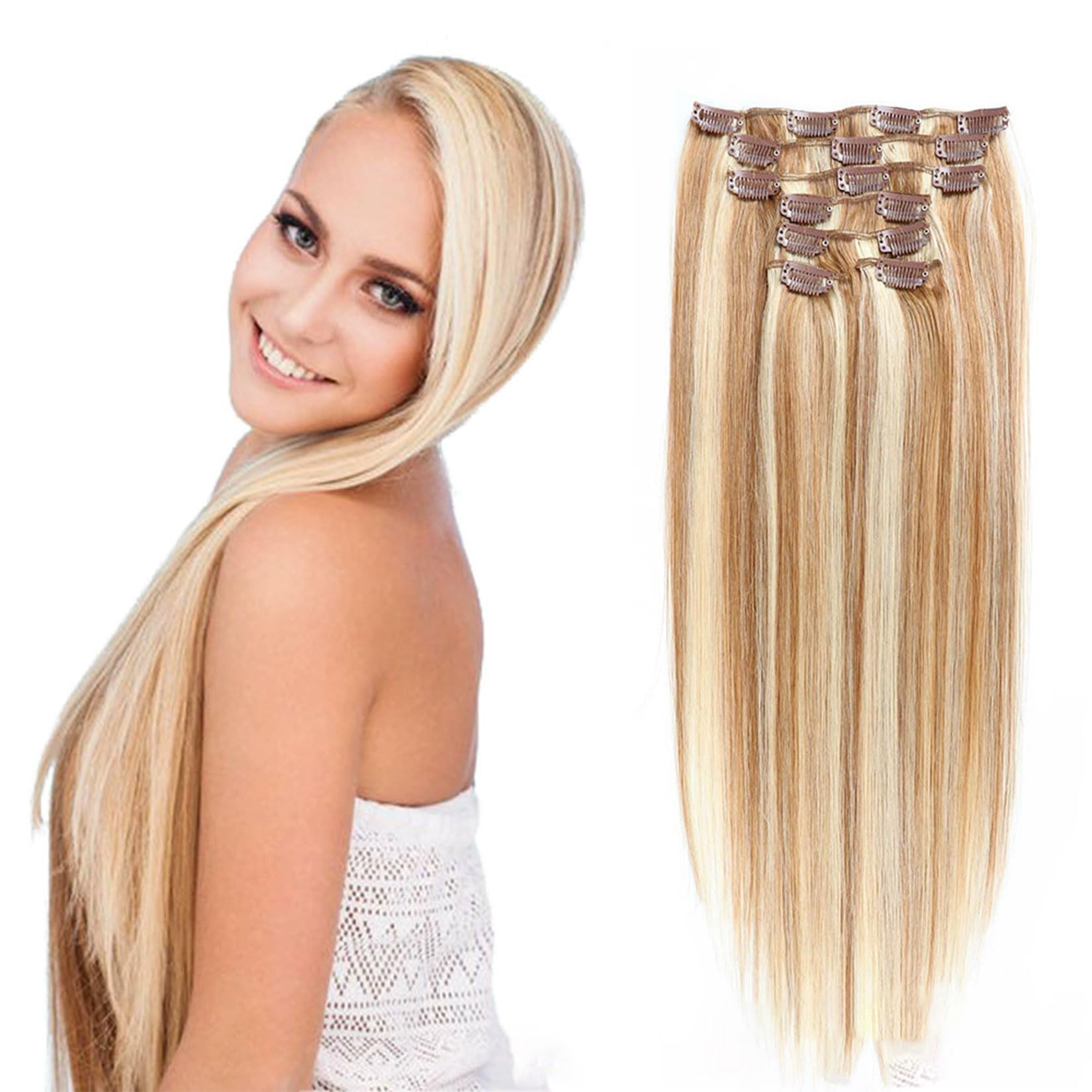 Clip en extensiones de cabello para mujeres, clip recto sin costuras en extensiones de cabello humano, 7 piezas juego de cabello humano real, # 12/613,22inch (55cm) 100g